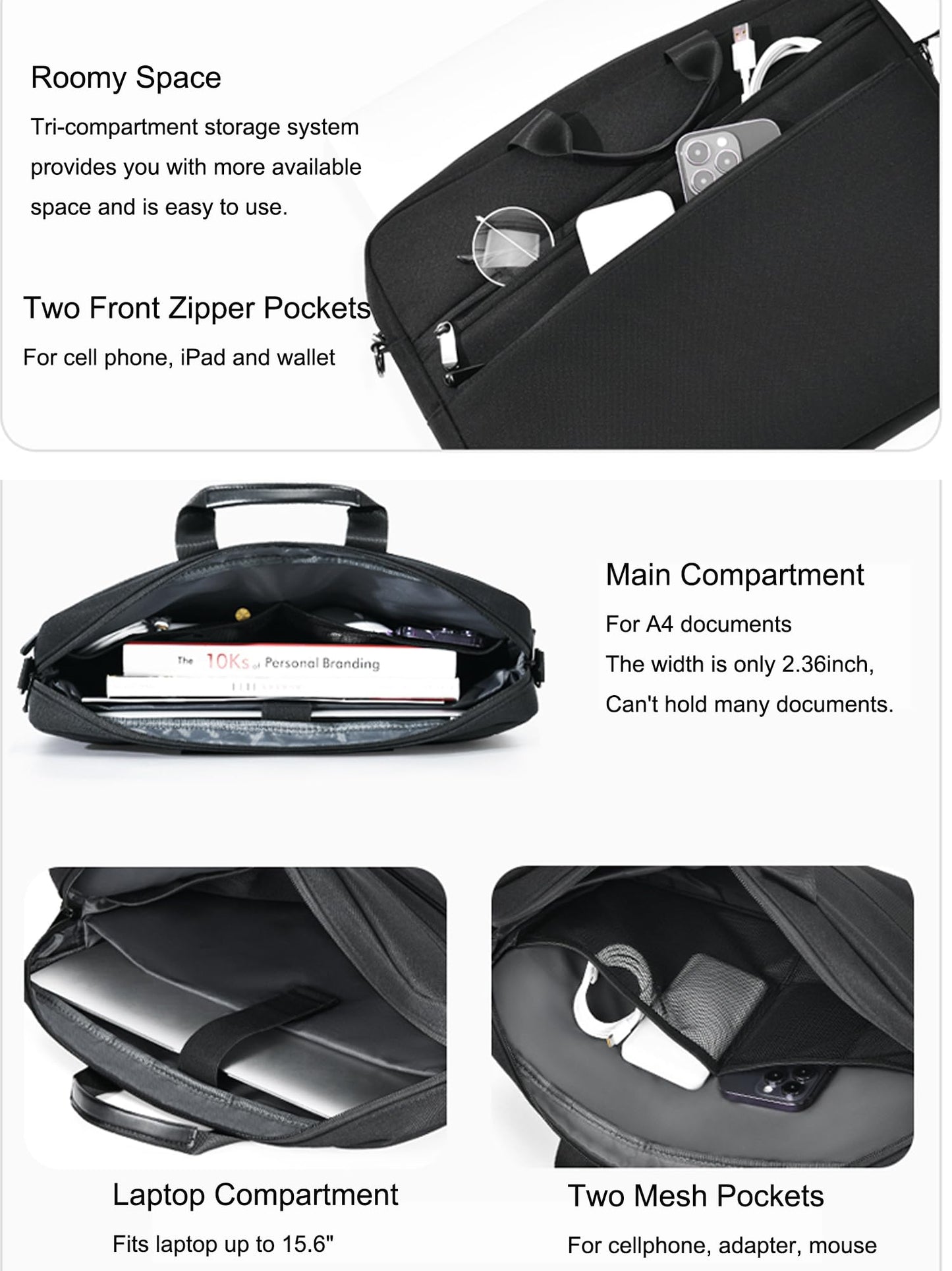 natyrlpog 15.6 Inch Business Laptop Bag for Men & Women, Waterproof Polyester Briefcase for Work, Commute, Travel (black)