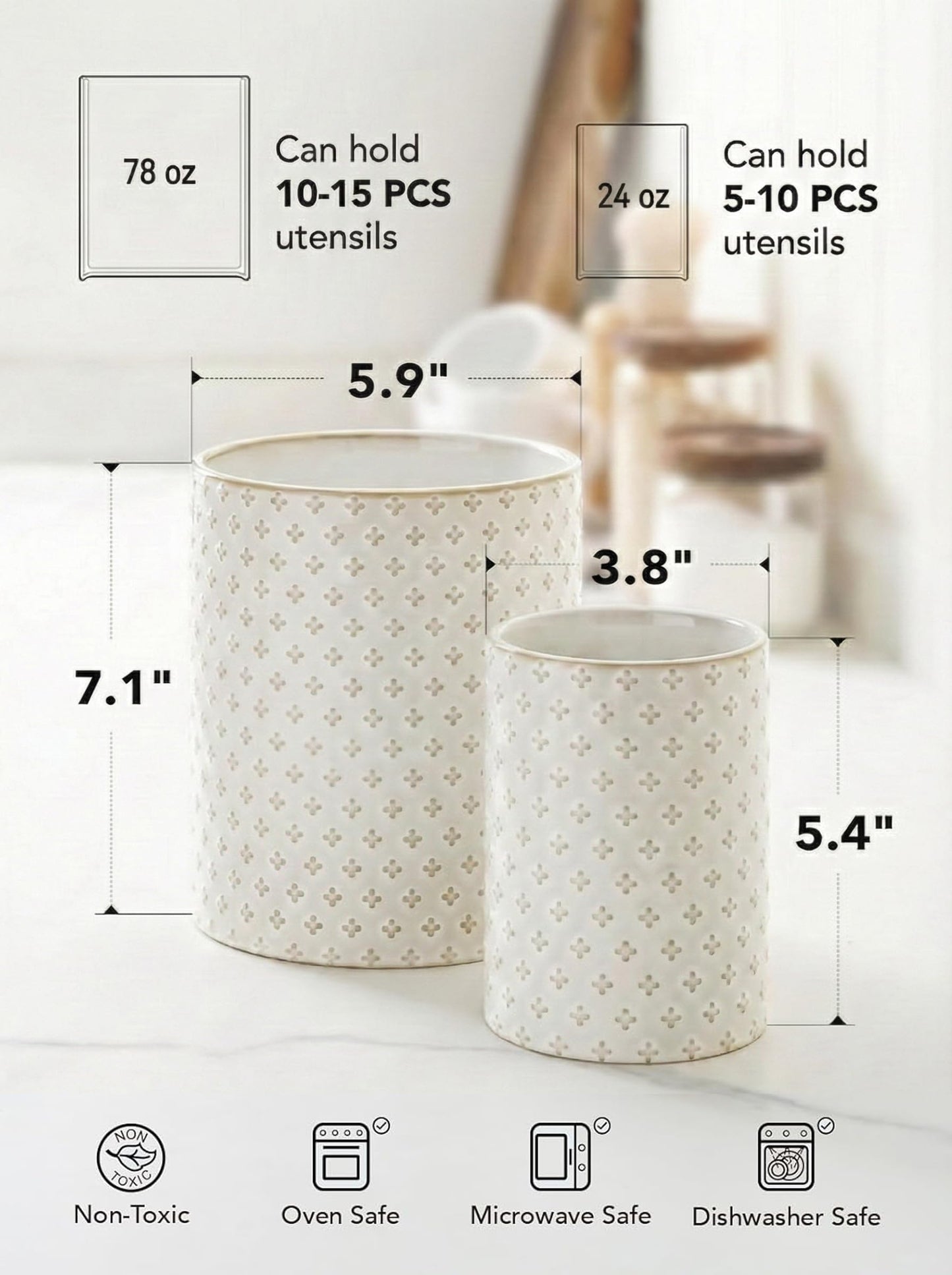 LE TAUCI Kitchen Utensil Holder for Countertop - 7.1"+5.4" Ceramic Utensil Crock Set of 2, Large Cooking Utensil Organizer for Spatula, Spoon, Whisk - Farmhouse Storage, Embossed, Clover
