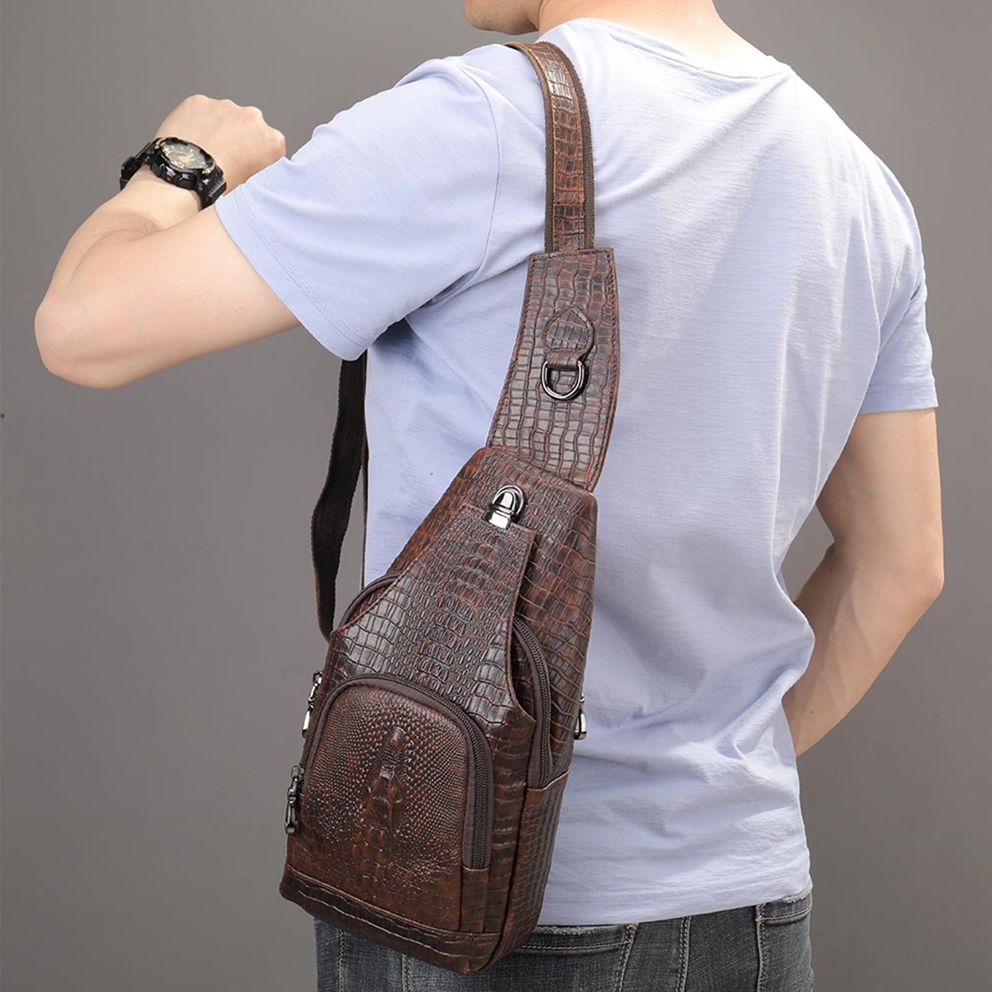 NIUCUNZH Crocodile Pattern Leather Sling Bag with Leather Strap, Zipper Crossbody Shoulder Bags Purse for Travel Hiking Brown