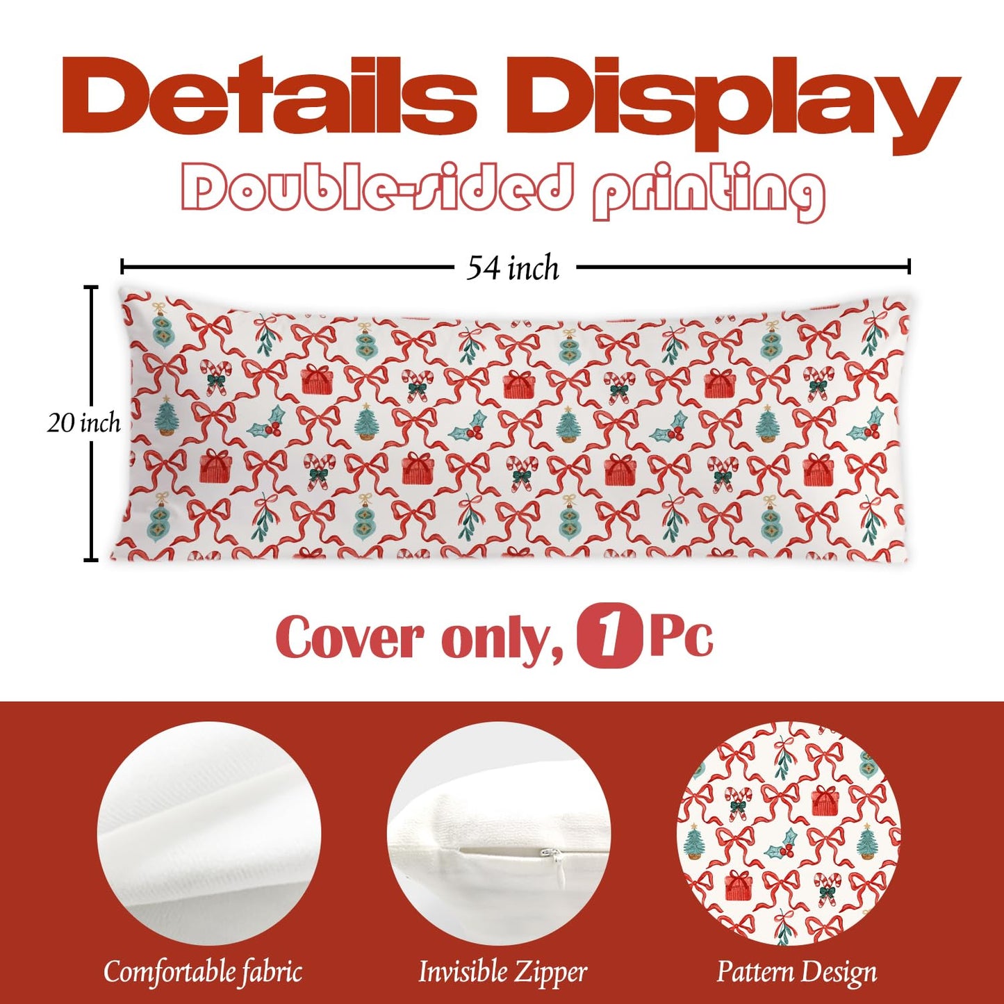 PIUD Coquette Red Bow Christmas 20x54 Body Pillow Cover, Preppy Christmas Decor, Red and Green Xmas Candy Cane Holly Berries Decorative Long Body Pillow Cases for Bed Couch