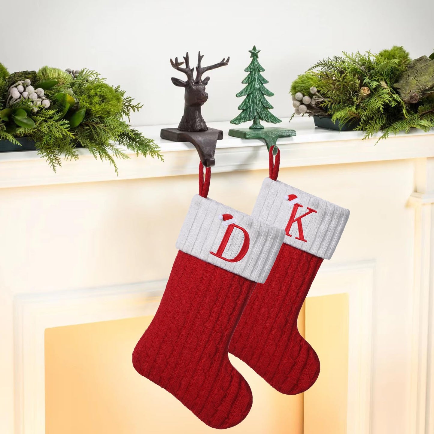 Yehnois 19.5 inch Red Knit Christmas Stockings,Personalized Embroidered Letter Christmas Stocking,Family Holiday Xmas Party Decor (Initial E)