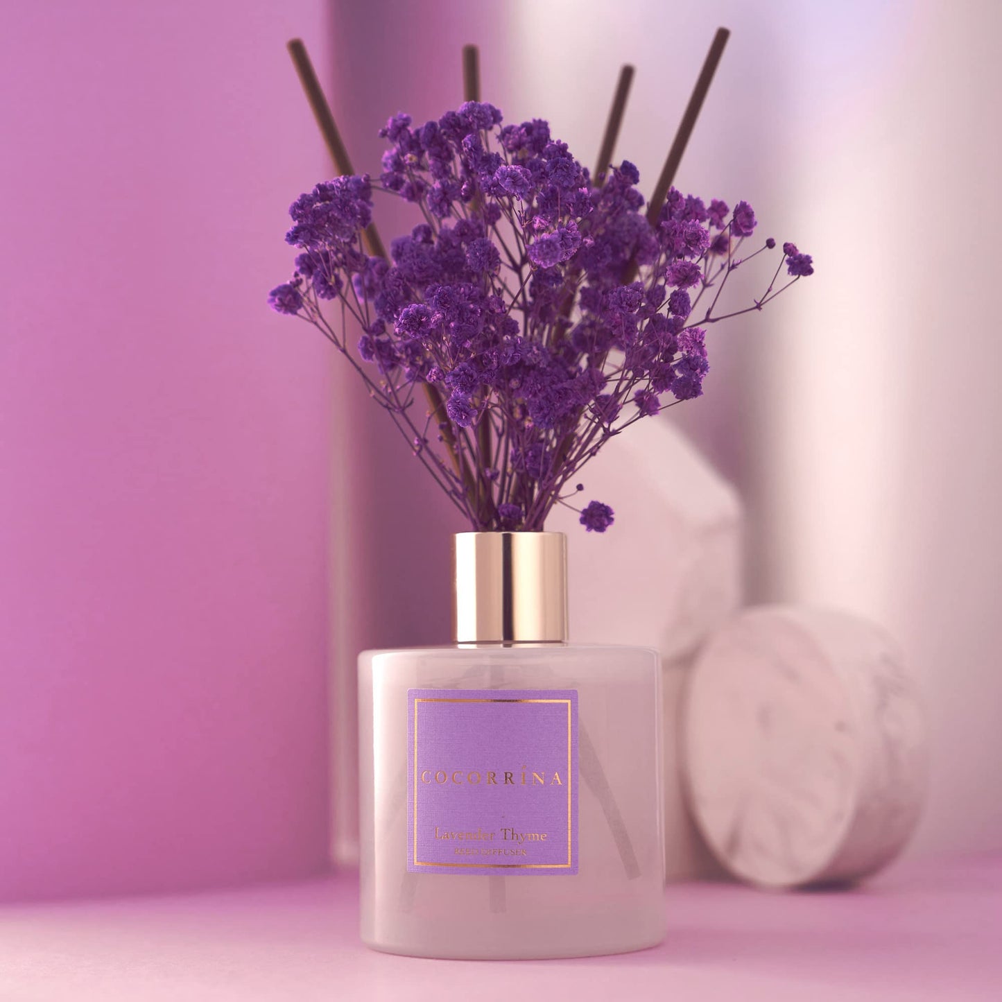 Cocorrína Premium Reed Diffuser Set with Preserved Baby's Breath & Cotton Stick Lavender Thyme | 6.76 Fl.oz Scent Diffuser for Bedroom Bathroom Home Décor