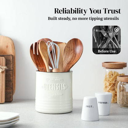 DOWAN 7.2″ Extra Large Kitchen Utensil Holder, Farmhouse Utensil Holder for Countertop, Ceramic Utensil Crock with Protection Cork Mat, Utensil Organizer for Kitchen Decor & Housewarming Gift, White