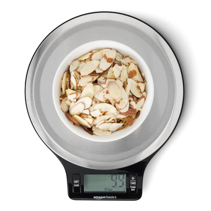 Amazon Basics Digital Kitchen Scale with LCD Display, Batteries Included, Weighs up to 11 pounds, Black and Stainless Steel