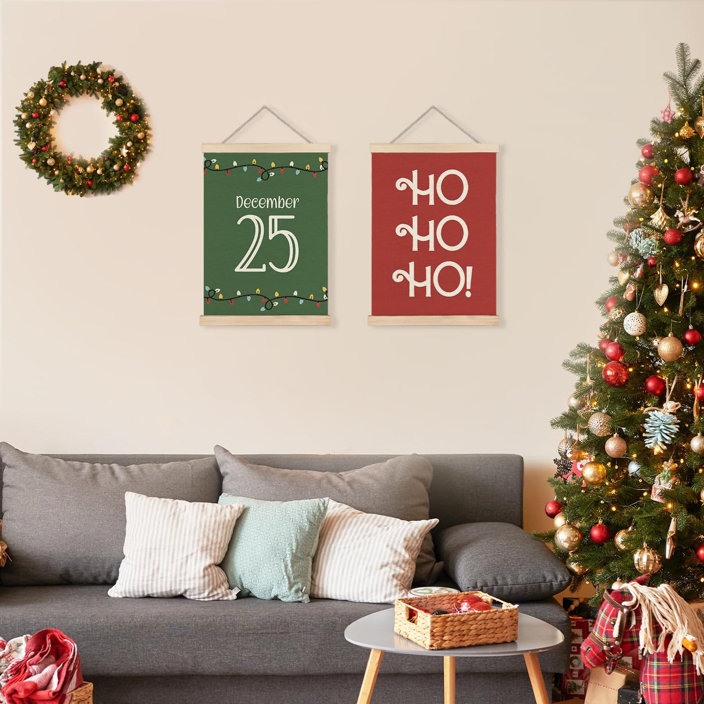 LUVADIAN Christmas Wall Decor, Hohoho Christmas Lights Wall Art With Wooden Poster Hanger, Christmas Wall Decoration, Red and Green Christmas Wall Decor for Home Office, 12x16 Inch Set of 2