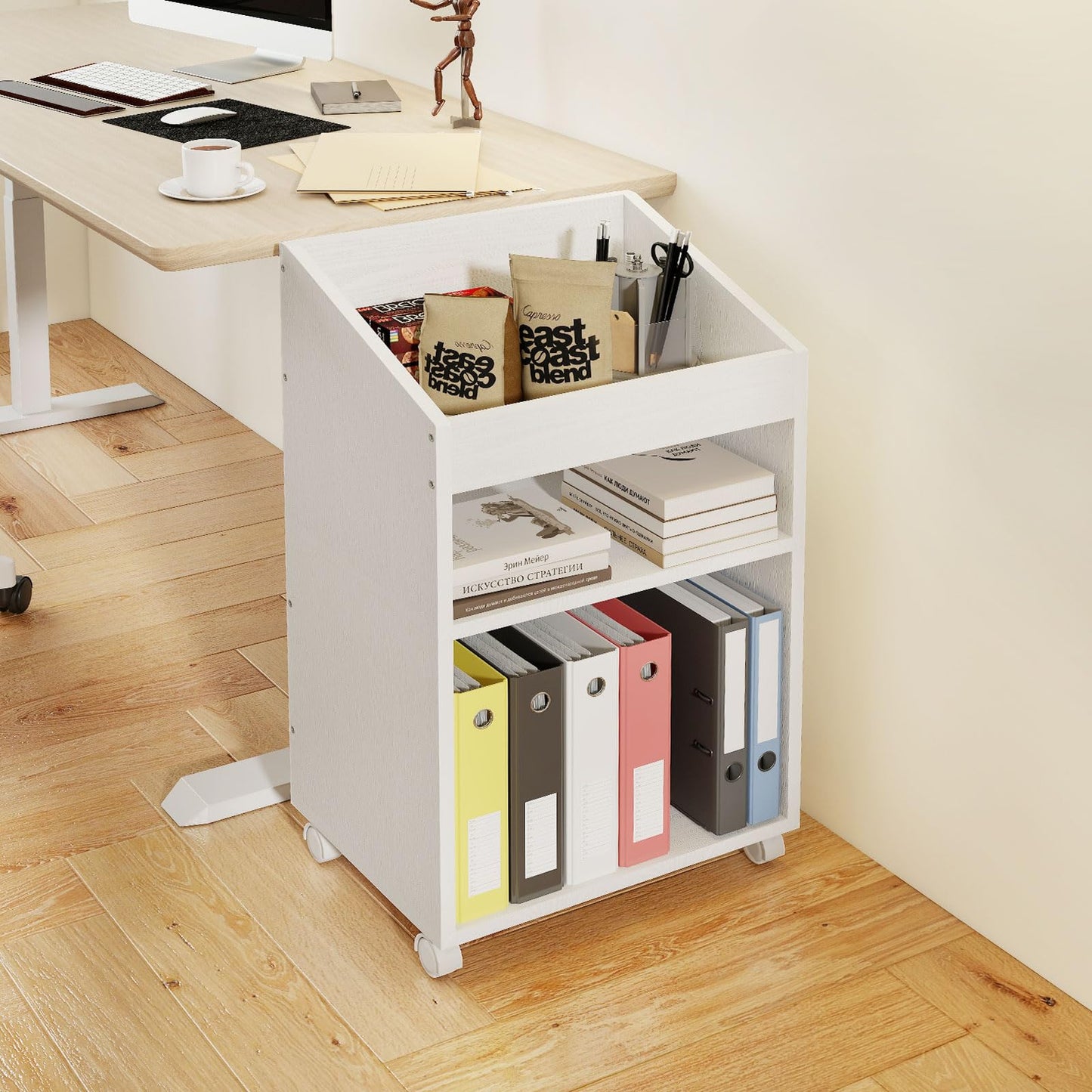 Permory 3-Tier Mobile Files Cabinet, Under Desk White Storage Organizer with Wheels for Home Office (White)