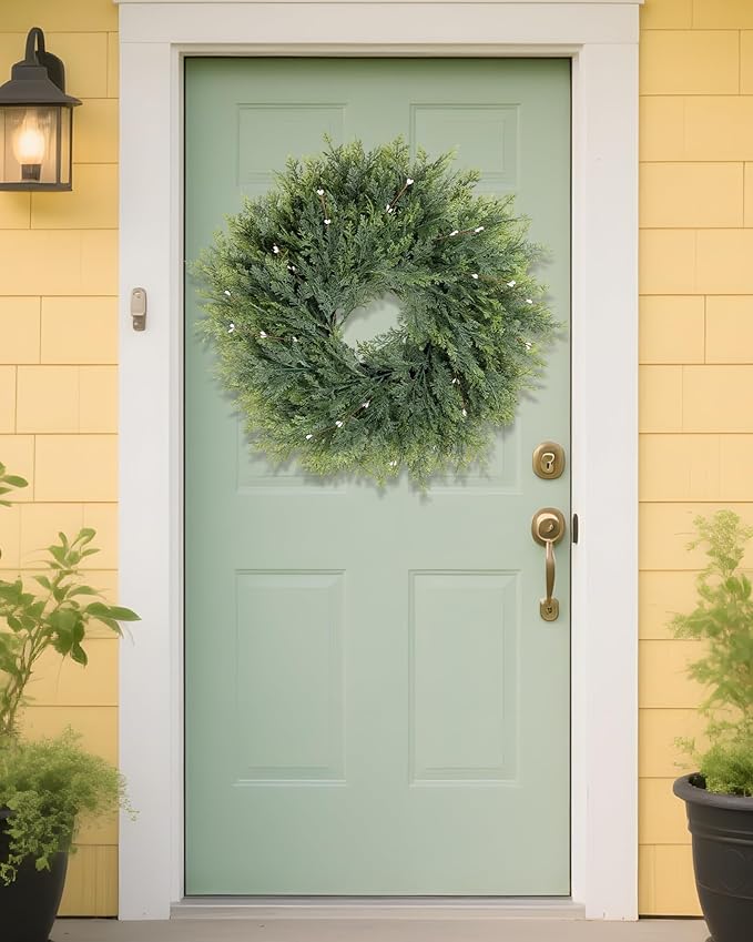 Home Decor Greenery Faux Cypress Plant, Large Front Door Wreath with 6PACK Artificial White Berry Fruit, 22inch Green Wild Wreath