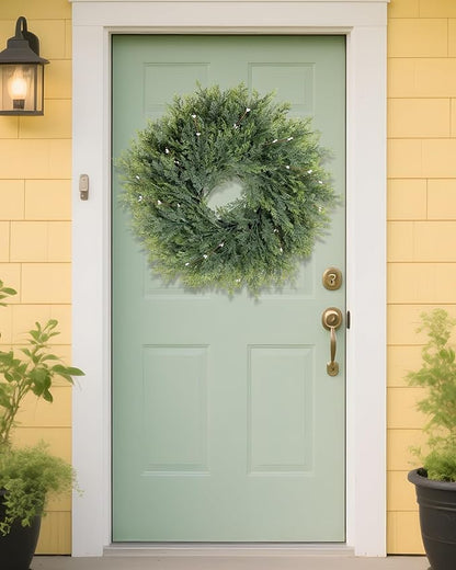 Home Decor Greenery Faux Cypress Plant, Large Front Door Wreath with 6PACK Artificial White Berry Fruit, 22inch Green Wild Wreath