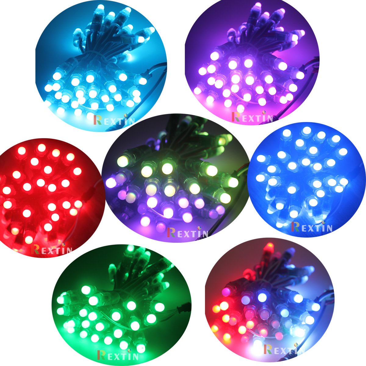 REXTiN® WS2811 Pixels Digital Addressable LED String Lights Waterproof RGB Full Color 12mm DC 12V (DC12V 50pcs)