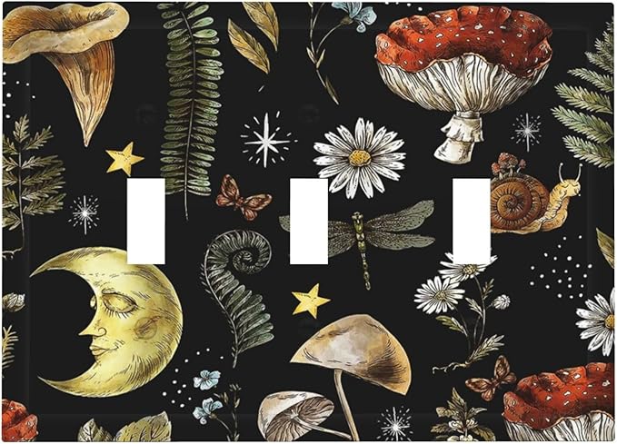 Nature Plant Botanical Daisy Mushroom Snails And Moon 3 Gang Wall Plates Decorative Triple Toggle Light Switch Cover Electrical Switchplate Unused Decorate Faceplate for Bathroom Home