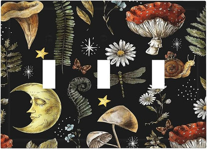 Nature Plant Botanical Daisy Mushroom Snails And Moon 3 Gang Wall Plates Decorative Triple Toggle Light Switch Cover Electrical Switchplate Unused Decorate Faceplate for Bathroom Home