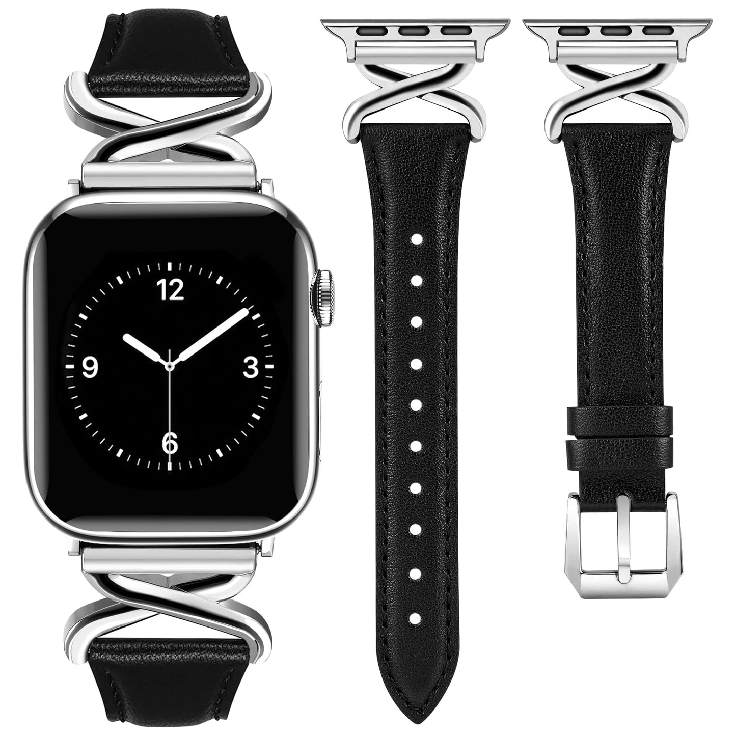 JR.DM Leather Bands Women Compatible with Apple Watch 40mm 38mm 44mm 45mm 41mm 42mm 46mm 49mm Dressy Slim Fancy Strap with X-Shaped Metal Crown for iWatch Series Ultra/SE/11/10/9/8/7/6/5/4/3/2/1 Black