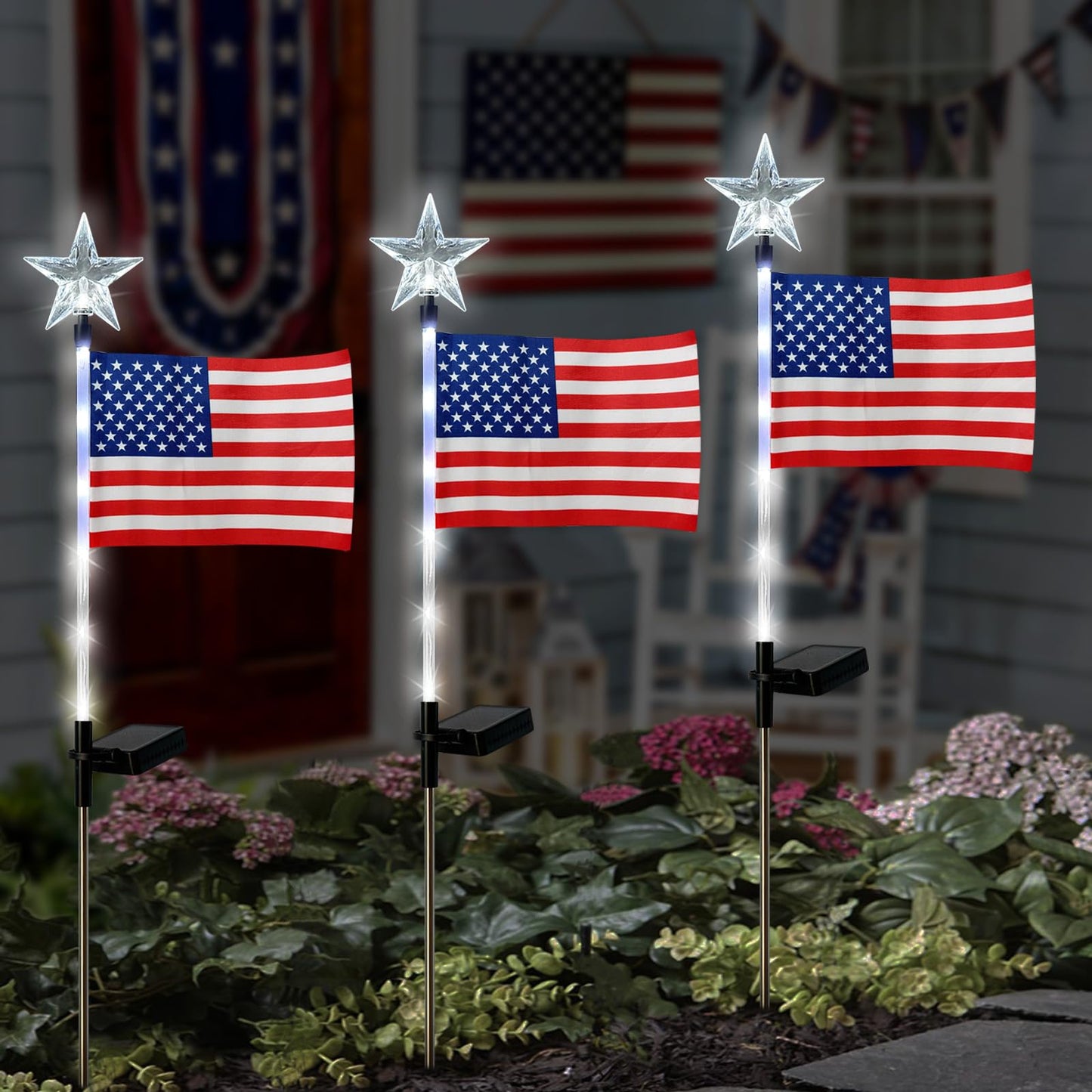 4th of July Decorations Outdoor,3 Pack American Flag for Outside Garden Stakes,Patriotic Solar Lights Outdoor Pathway,Yard,Lawn,National Day
