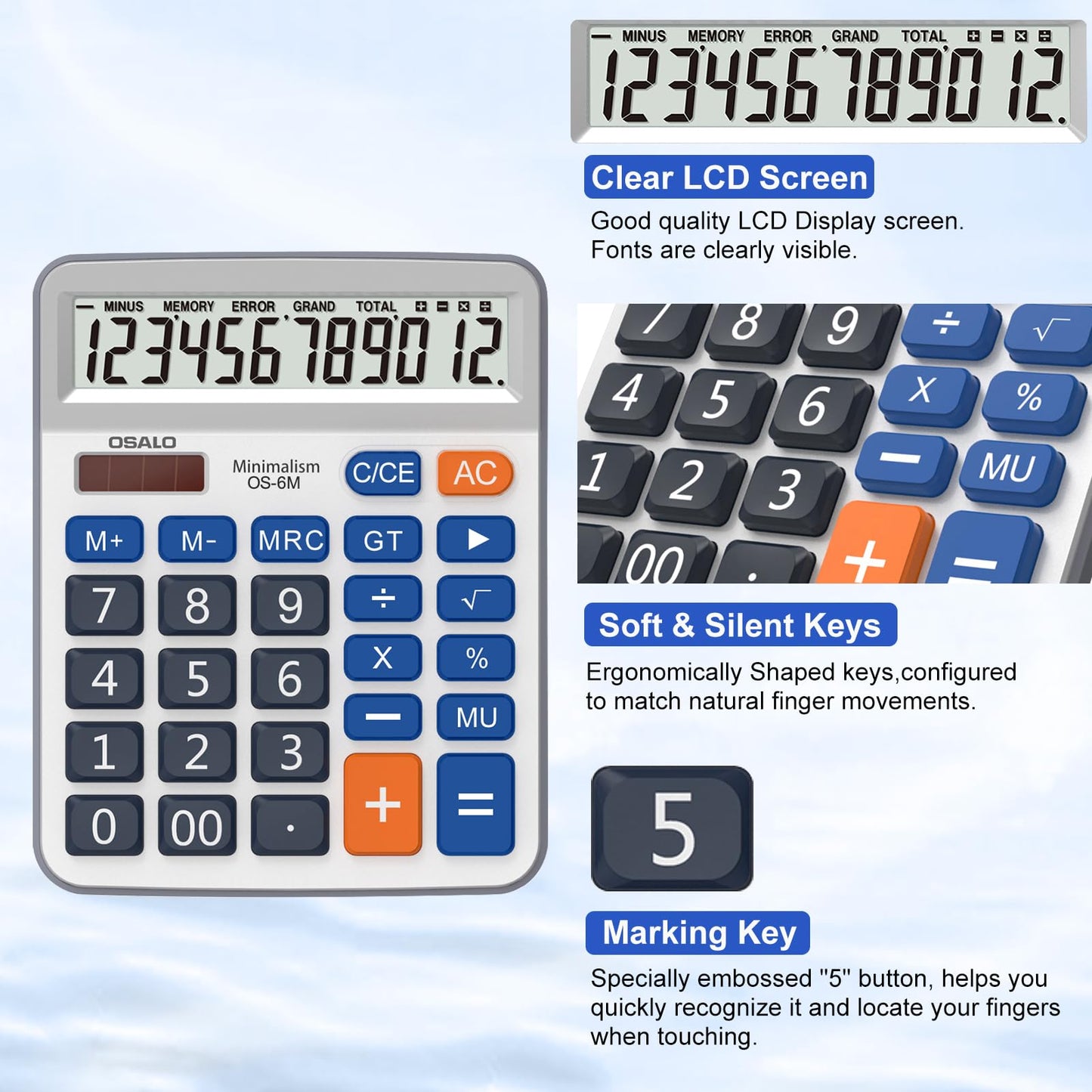 Desktop Calculator Large LCD Display 12 Digit Number Handheld Portable Pocket Basic Calculator with Big Soft Sensitive Button, Battery and Solar Powered, for Office Home School Use(OS-6M)
