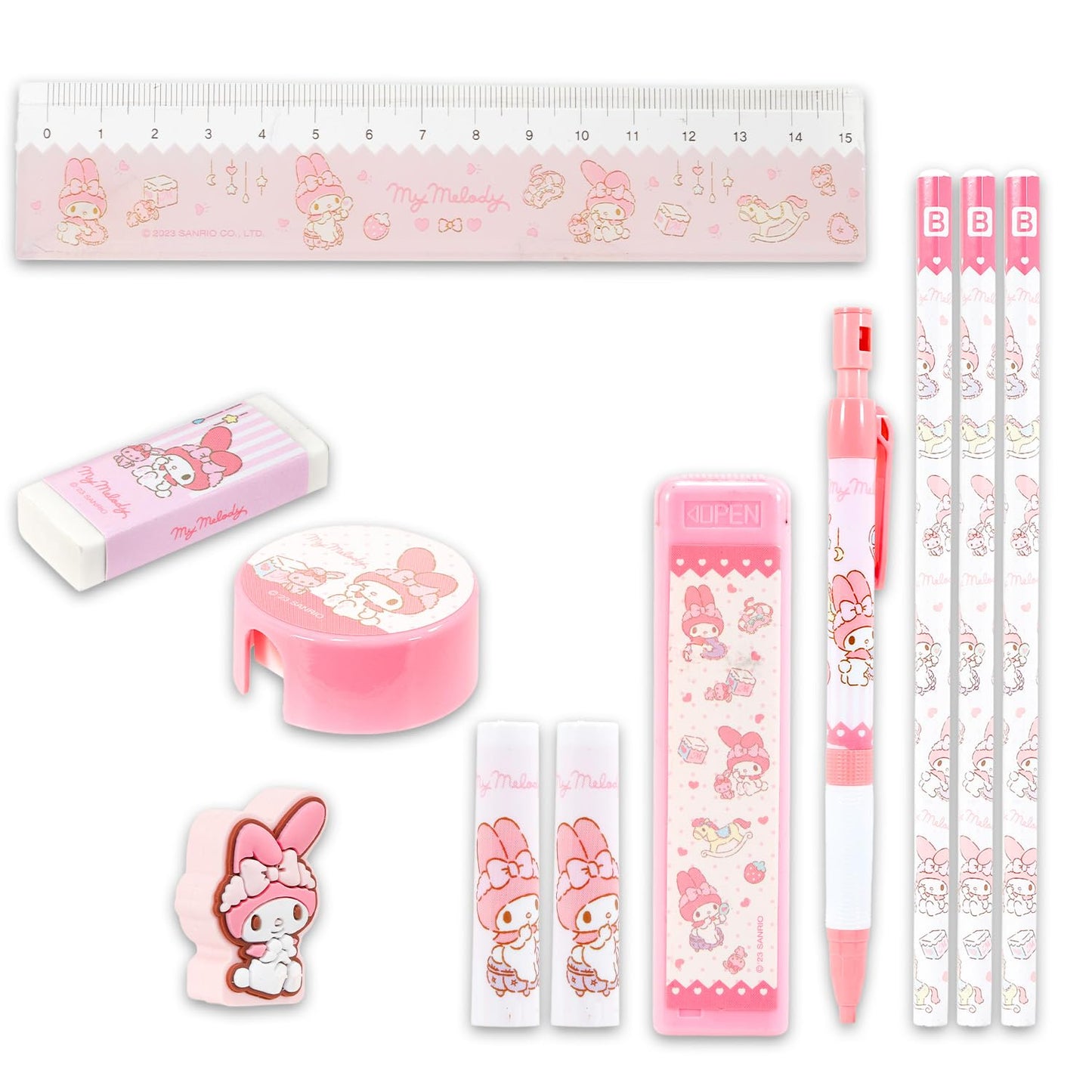My Melody School Supplies Pack - 11 Pc Bundle with Sanrio Pencils, Mini Ruler, Eraser, Pencil Topper, Stickers, More for Kids, Girls | My Melody Back to School Supplies