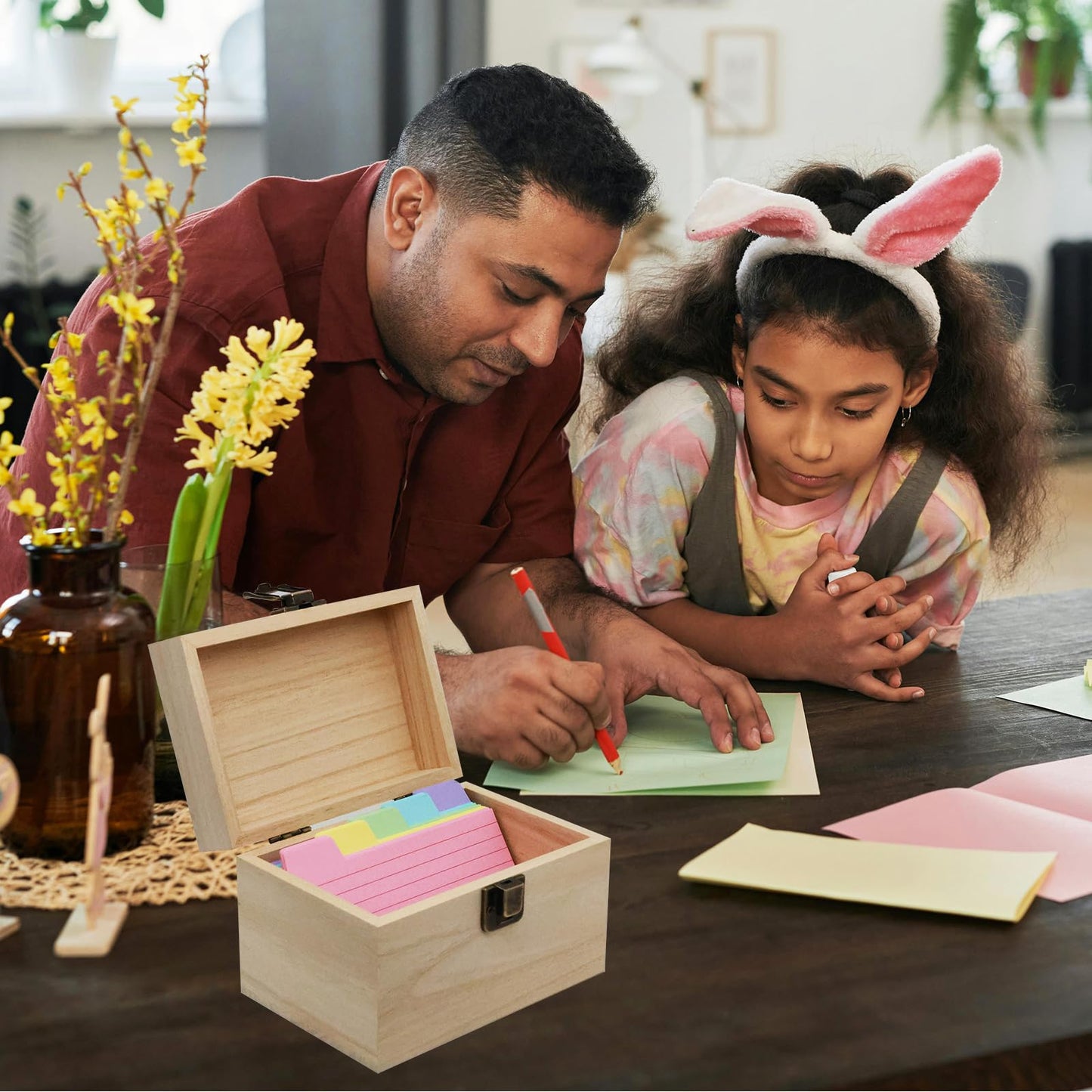 DSYIL Index Card Holder Box 3x5, Wooden Card Box with 100 Dividers, Recipe Cards Case, Business Card Organizer for Flash Card, Notecards and Study Cards, 2 Pack