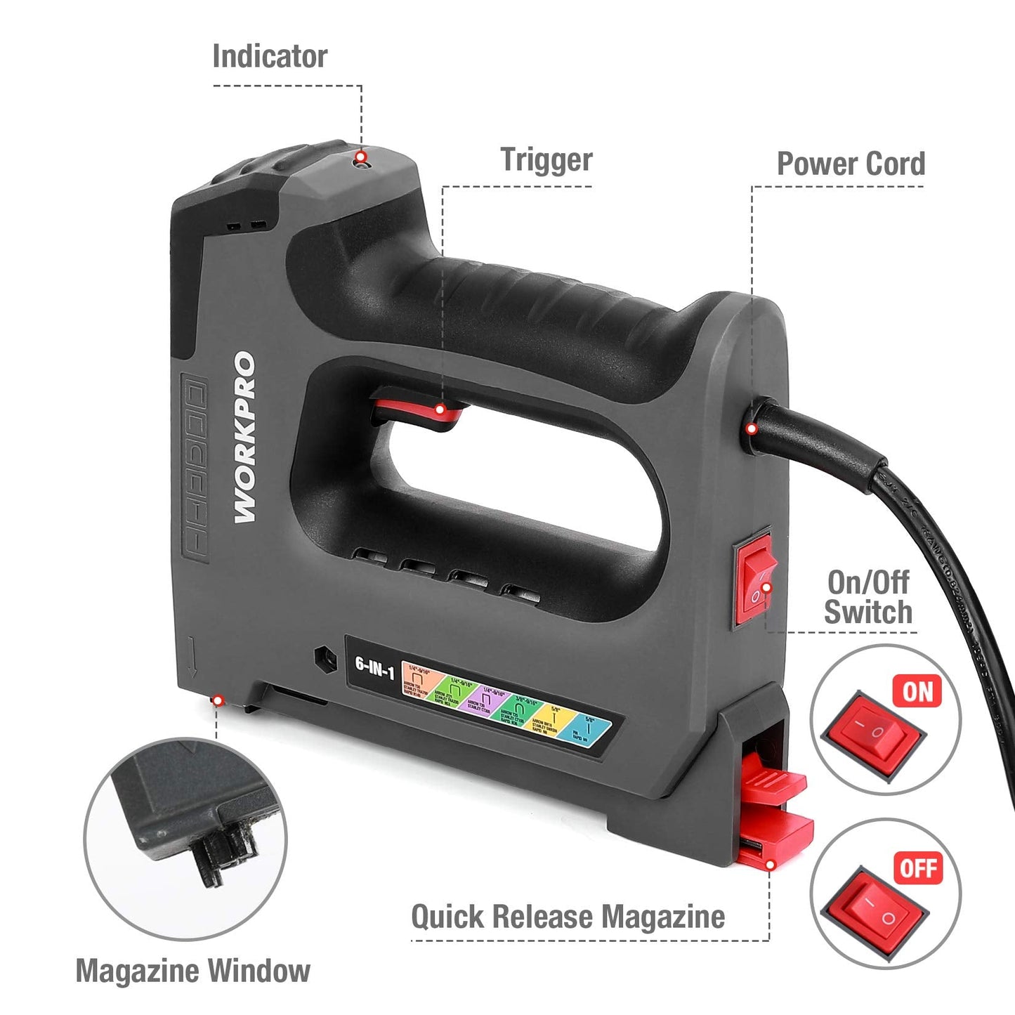 WORKPRO 6 in 1 Staple Gun, Electric Stapler Tacker, 110V Corded Brad Nailer for DIY Project of Woodworking, Staples Excluded