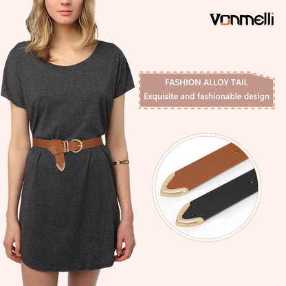 VONMELLI 2 Pack Women's Leather Belts for Jeans Pants Fashion Gold Buckle Ladies Belt Black Brown, M
