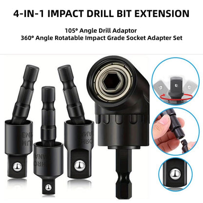 4-in-1 Impact Drill Bit Extension,Right Angle Drill Adaptor,Screwdriver Bit,Rotatable Impact Grade Socket Adapter Set,Hand Powered Tool Kit for Narrow Spaces for home work and daily maintenance