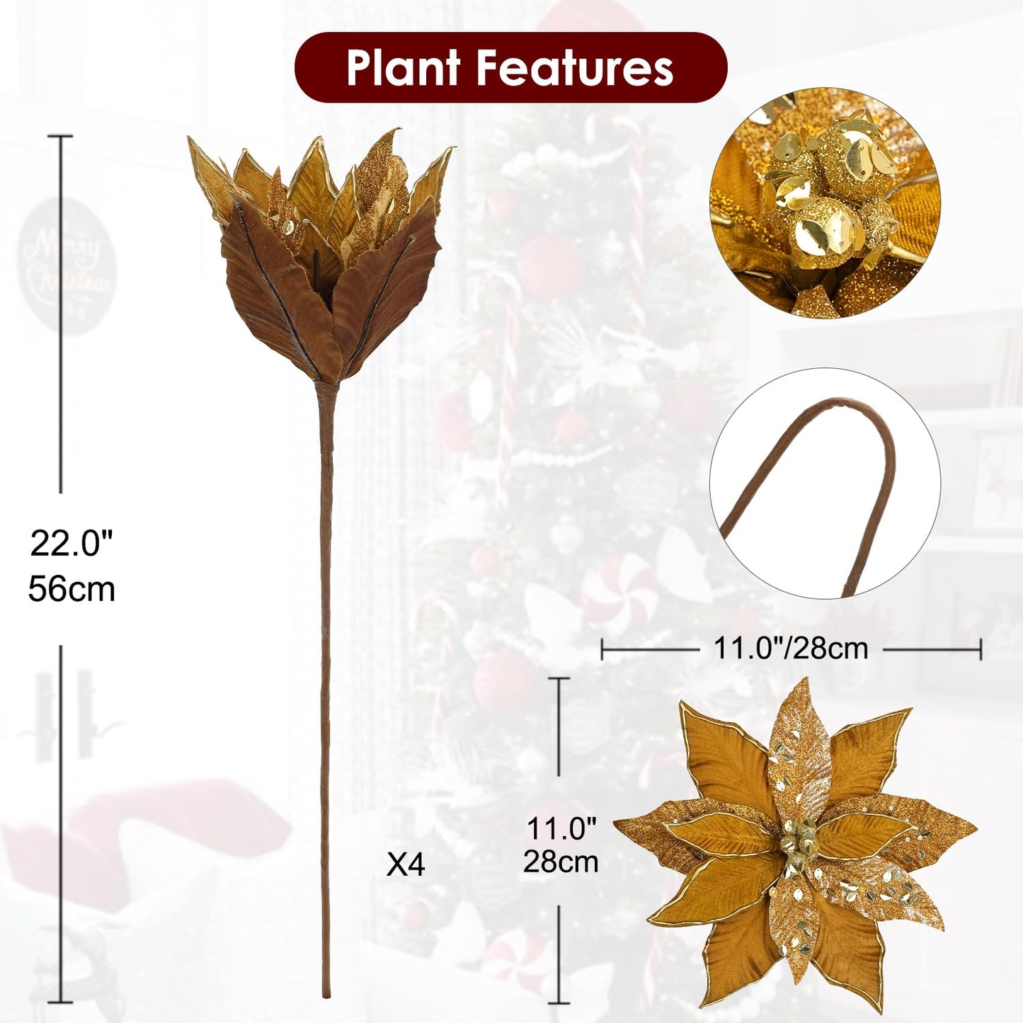 Briful 12'' Large Heads Christmas Glitter Poinsettia Flowers Christmas Tree Ornaments Set of 4 Artificial Flowers with Picks Stems for Xmas Tree Party DIY Holiday Decorations, Chololate