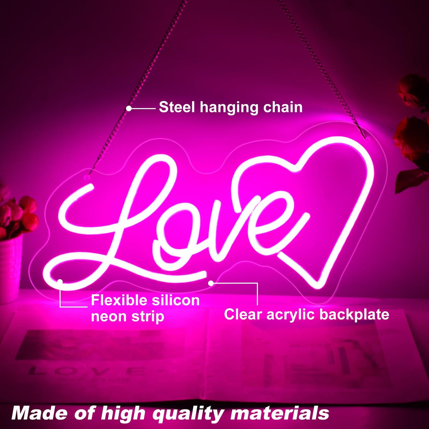 Love Neon Sign Wedding Neon Sign, Neon Heart Light for Wall Decor Engagement Personalized Gifts, Proposal Birthday Party Girls, Valentine's, Anniversary, Room Bathroom Decoration Gift