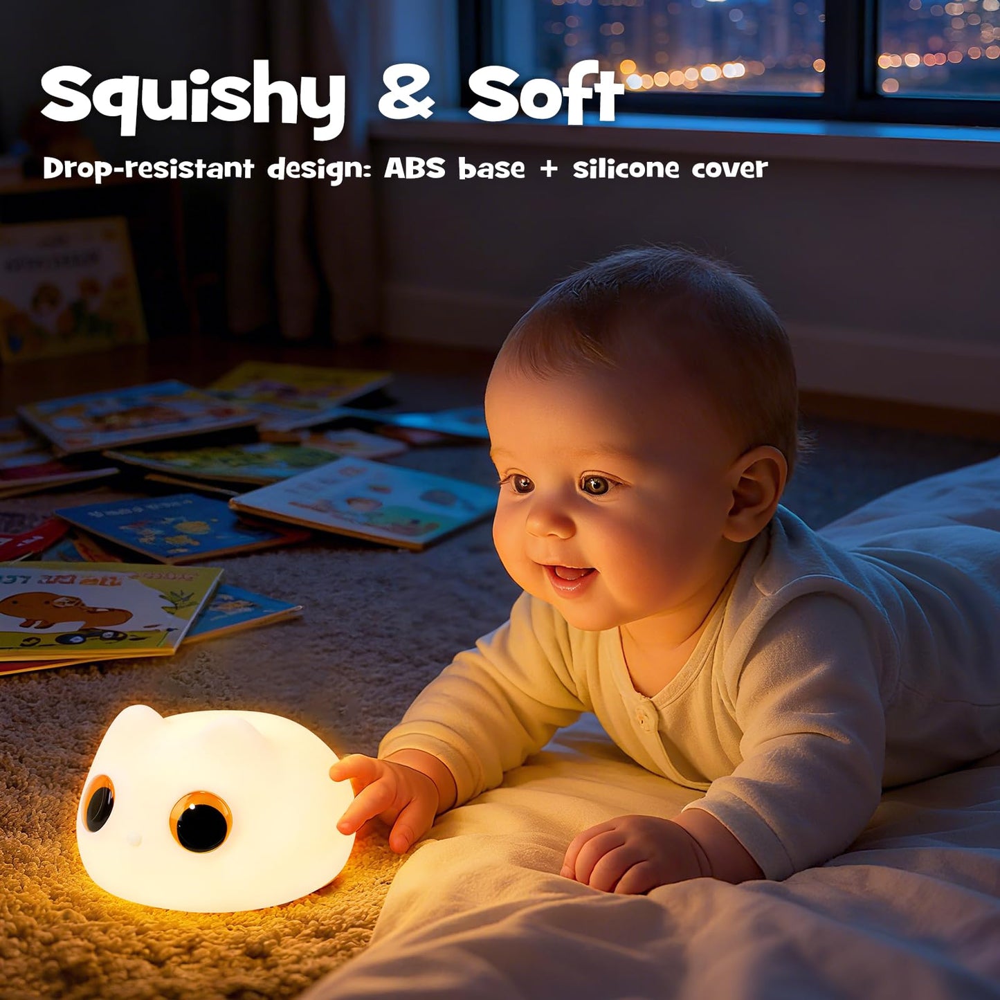 Squishy Cat Night Light 2 Brightness Adjustable Cute Big Eyes Kitty Light with 20mins Timer Nursery Breastfeeding Nightlight Rechargeable Silicone Touch Bedside Animal Lamp for Home Bedroom Dorm Decor