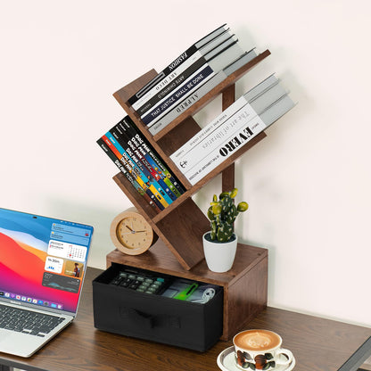 SHEEPAM Small Bookshelf with Drawer,4 Tier Tree Book Shelf,Wood Desk Bookshelves,Modern Free Standing Desktop Display Shelves,Brown Floor Standing Organizer Bookcase for Living Room,Bedroom,Office