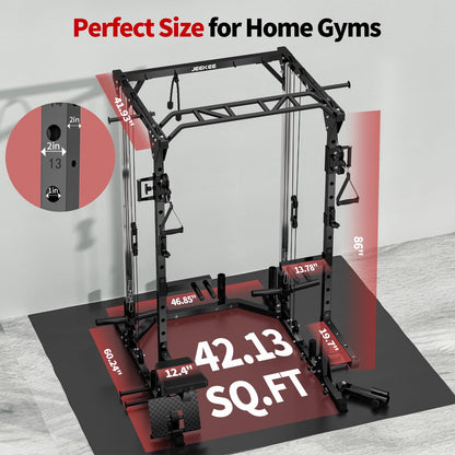 JEEKEE Power Cage with Cable Crossover System, 2000LB Multi-Function Power Rack with Independent Dual Pulleys, LAT Pulldown Seat Cushion, 20+ Attachments Squat Rack for Home Gym Workout,Black