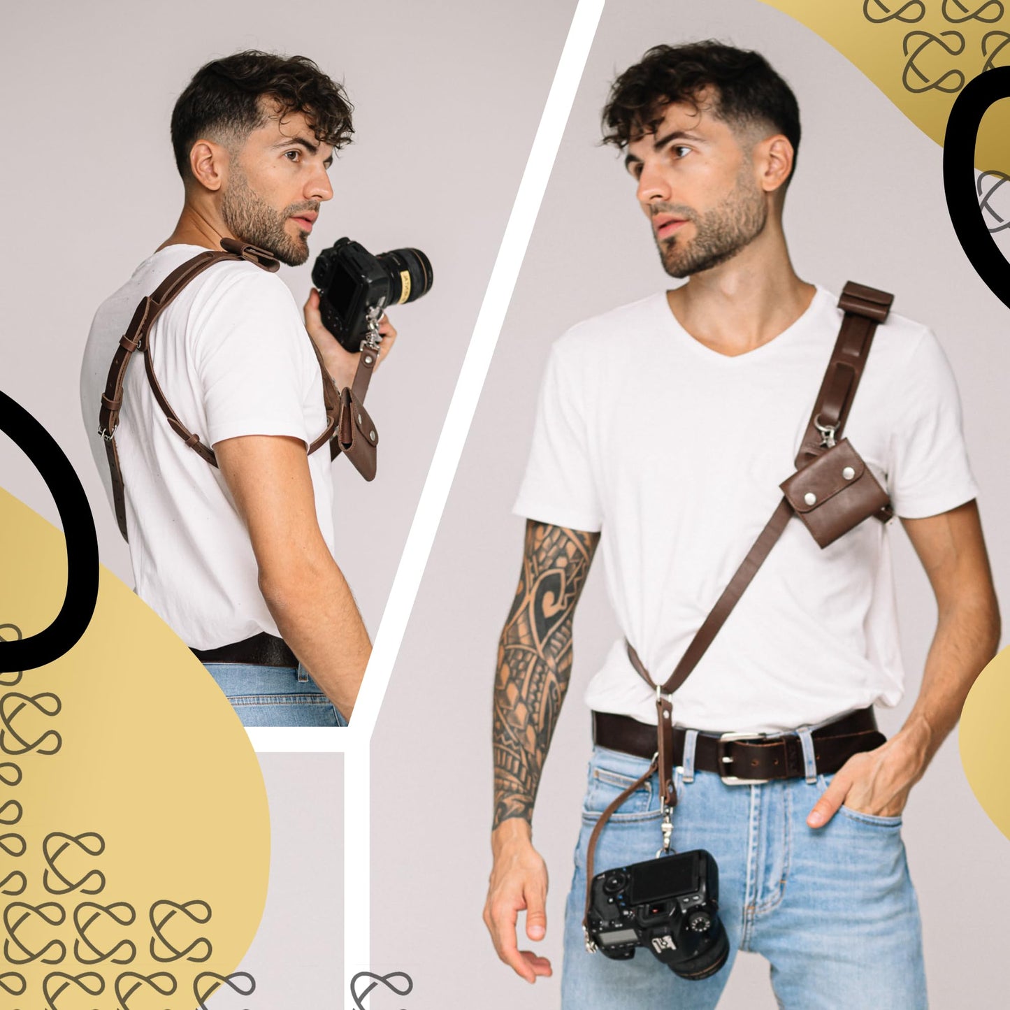 C Coiro Leather Camera Strap for One Camera - Professional Single Leather Harness Shoulder Strap with Sd Card Holder & Battery Holder, Quick Release Gear for DSLR/SLR, Brown