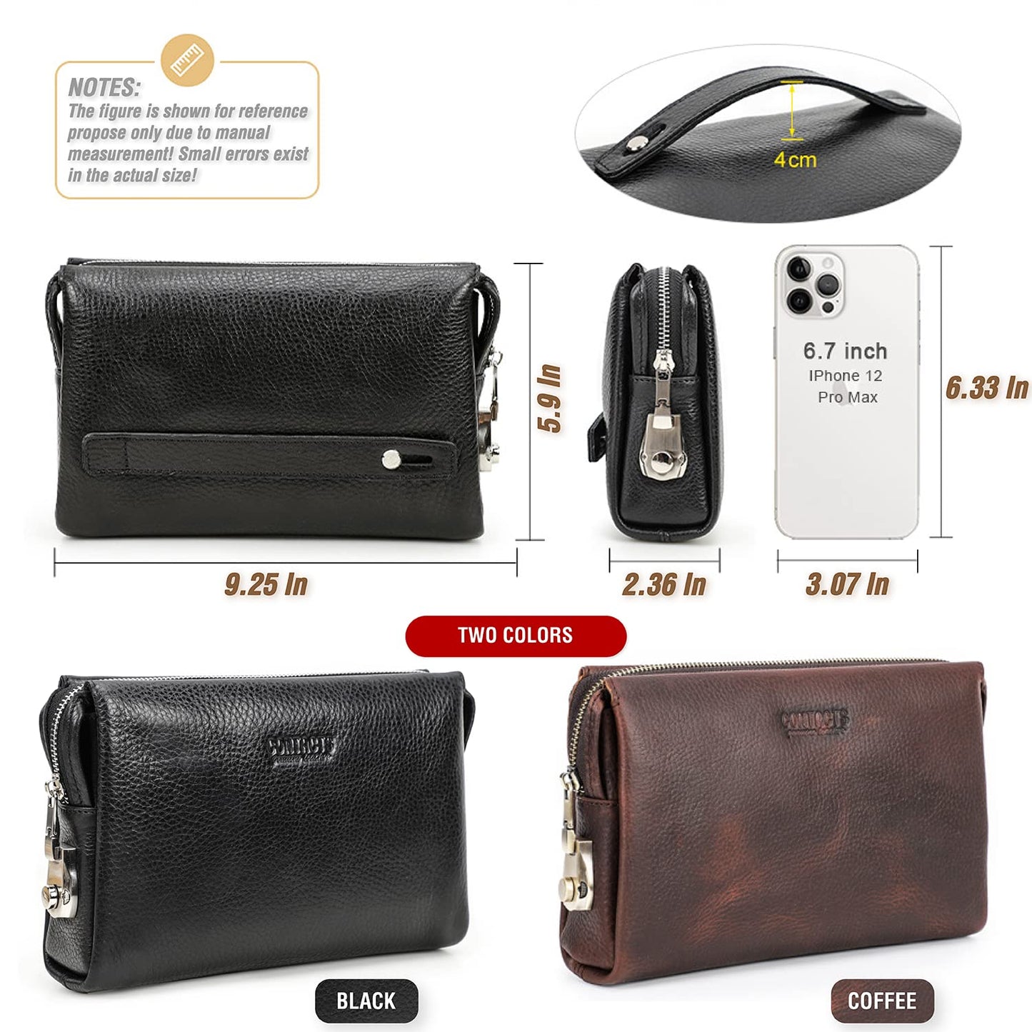 Top Grain Genuine Leather Handbag Wallet for Man & Woman, Handmade Retro Design, Combination Lock & Retractable Hand Strap & Multi Pockets/Slots, Portable RFID for Cards/Checks/Phone/Banknote, Black