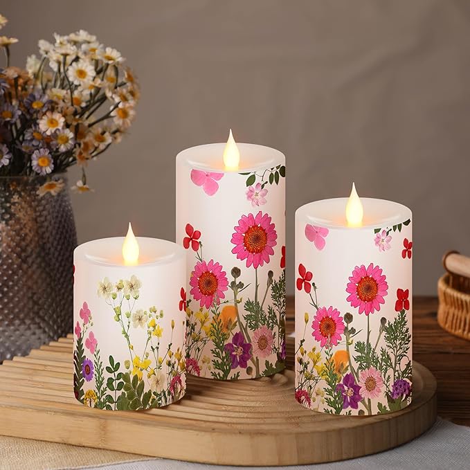 Baquler 3 Pcs Floral Wildflower Pillar Candles Flameless LED Candle Battery Operated Pressed Flower Flickering Candlestick for Wedding Summer Home Table Centerpiece Nature Inspired Party Decoration