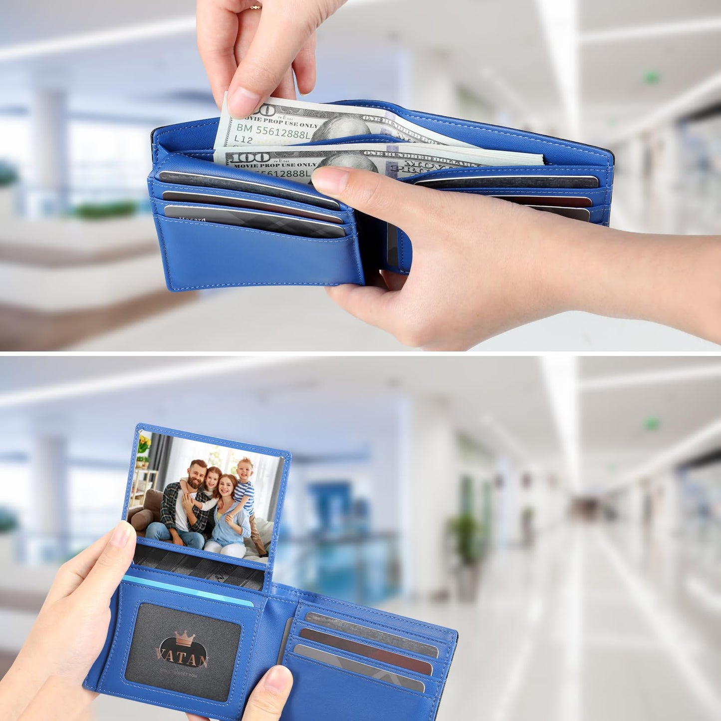 VATAN Wallet for Men Slim RFID Blocking Leather Credit Card Holder Wallet for 15 Cards, Bifold Minimalist Thin Wallet with 2 ID Windows & Cash Slot, With Gift Box (Carbon Black and Blue)