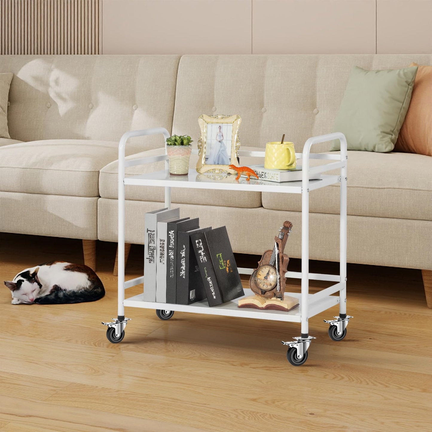 HDANI 2 Tier Under Desk Printer Stand with Storage,Microwave Storage Rack,Metal Rolling Printer Cart with Wheels for Home Office,Utility Storage Cart and Stand,White