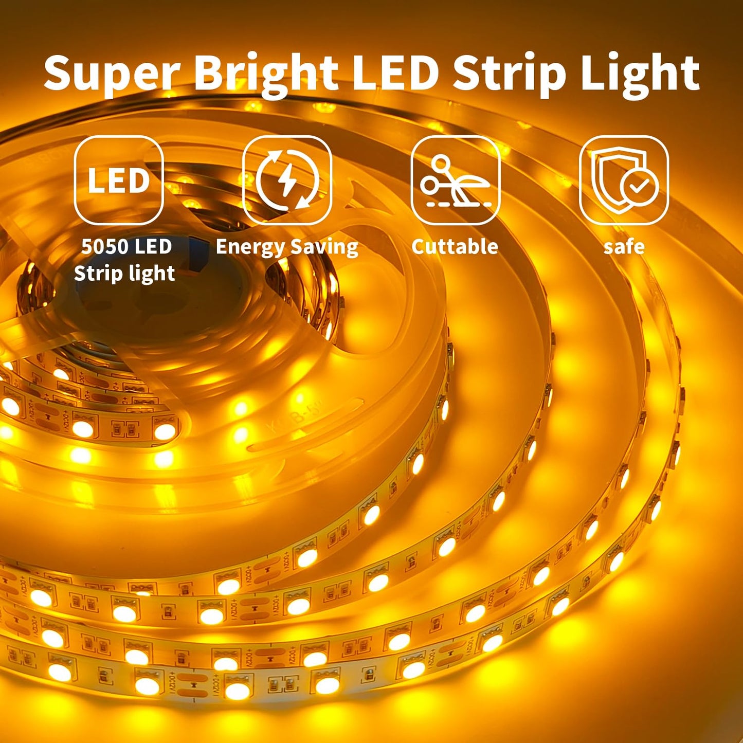 iNextStation 12V LED Strip Light Yellow, 16.4ft/5M SMD5050 LED Strip with Adapter & LED Switch, Flexible Cuttable LED Tape Light for Bedroom Kitchen Cabinet Bar Festival Home Indoor Decor