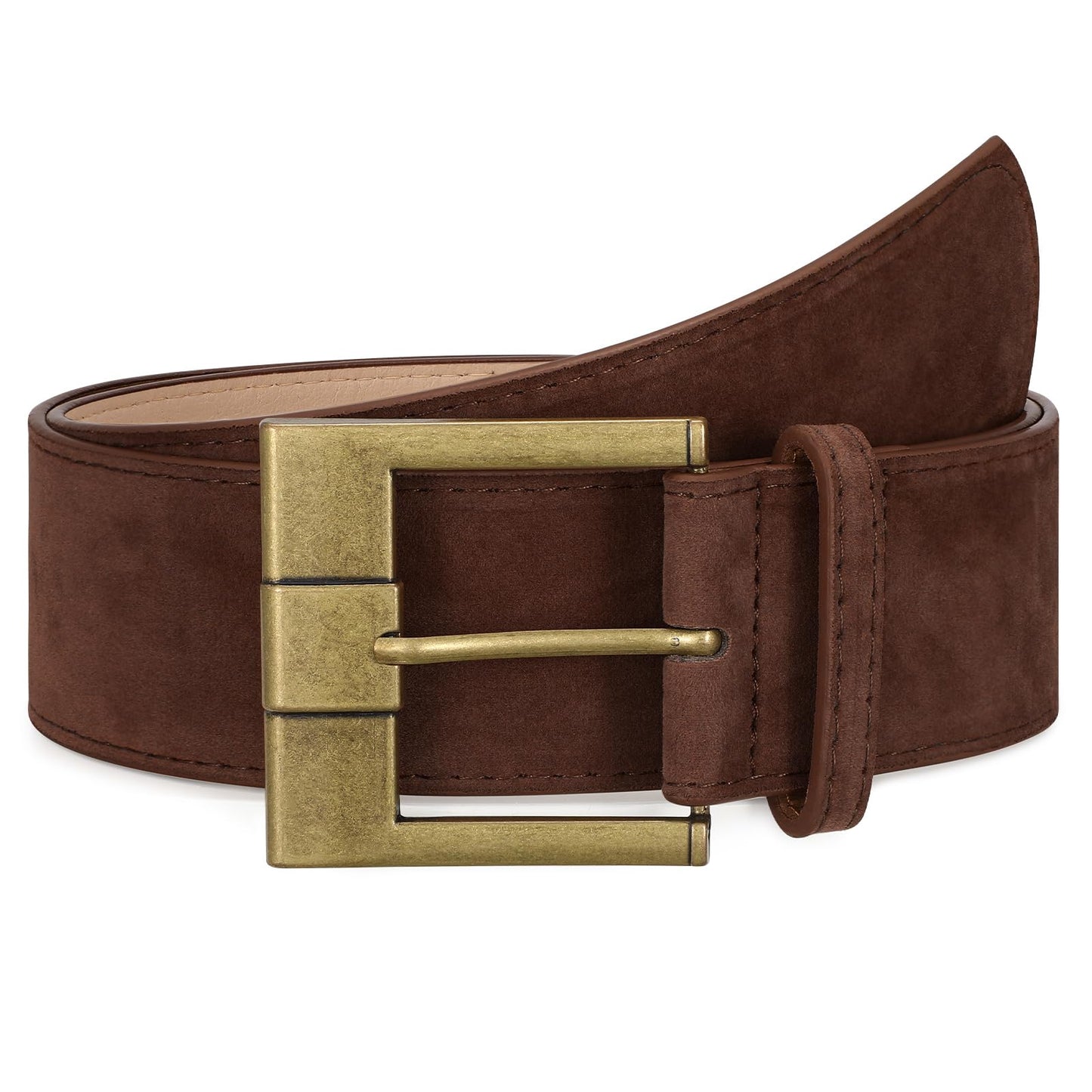 WOWOGO Dark Brown Women Wide Leather Belts for Dresses 1.9" Chunky Western Vintage Thick Suede Waist Belt with Brass Buckle