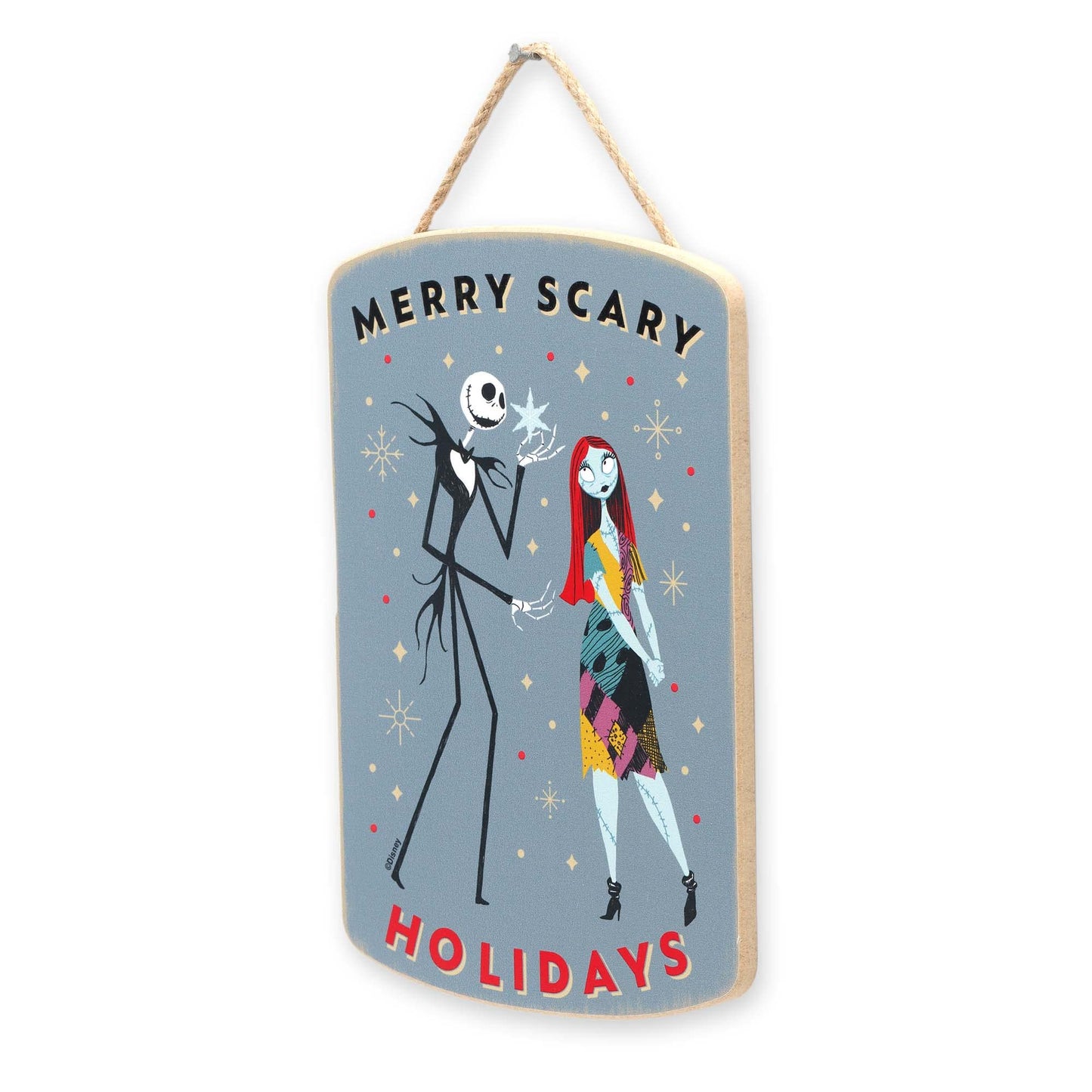 Disney The Nightmare Before Christmas Merry Scary Holidays Hanging Wood Wall Decor - Fun Jack and Sally Sign for Home Decorating