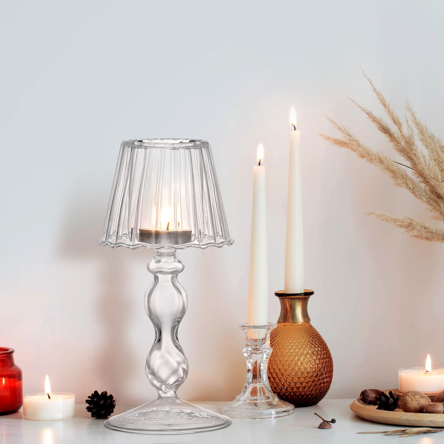 Jingmore 2 Pcs Crystal Candle Holders Lamp Shaped Crystal Tealight Candle Holders Table Centerpiece for Home Wedding Engagement Birthday Party Events Dining Table Decoration(Clear)
