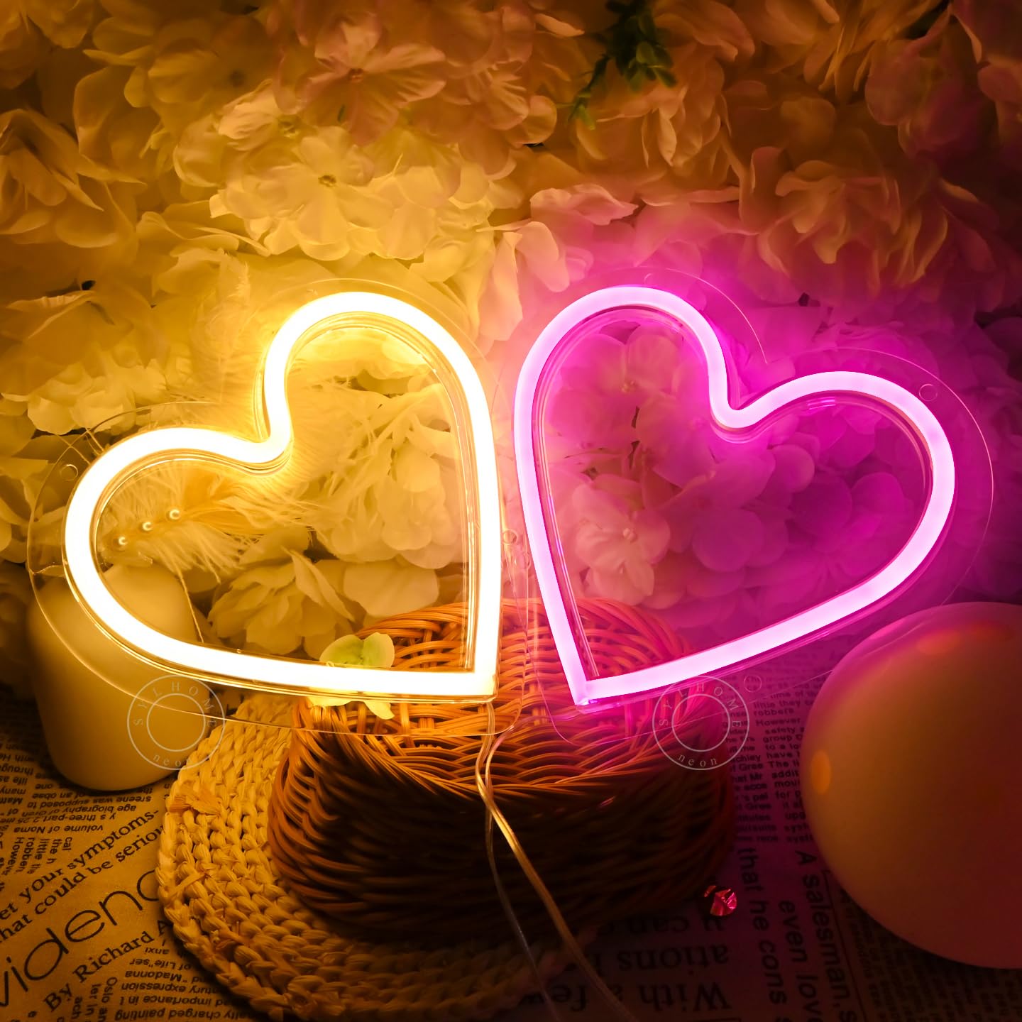 SYLHOME 2 Pack Heart Led Neon Light Sign Battery Operated or USB Powered Bedroom Wedding Wall Sign Decor Birthday Christmas Gifts USB 7.87" X 7.28" Pink & Warm White