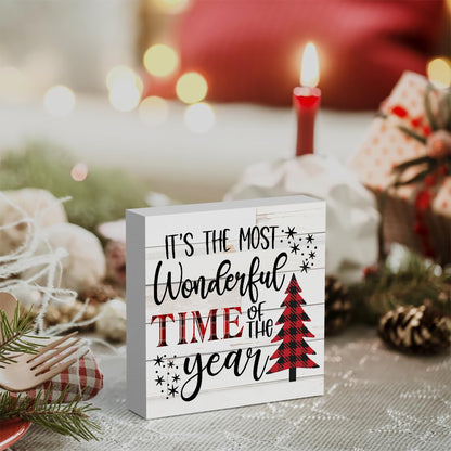 It's The Most Wonderful Time of The Year Wood Box Sign, Retro Farmhouse Christmas Santa Artwork Decor 5 x 5 Inches
