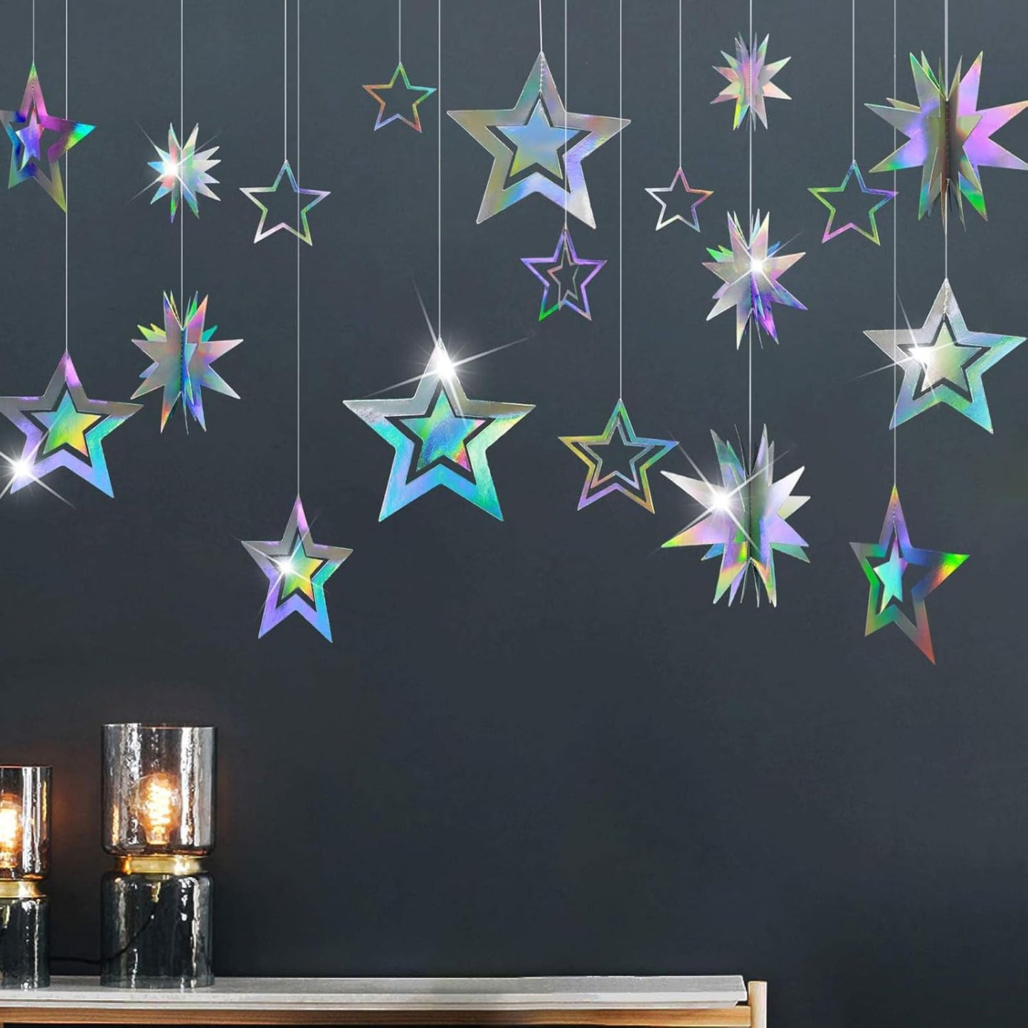 AimtoHome Holographic Star Garland Decorations– 14 Rainbow Paper Stars & 5.5ft 3D Twinkle Hanging Decor for Party, Home, Window, Door，Christmas Party Backdrop Decor (Modern Glitter Style)