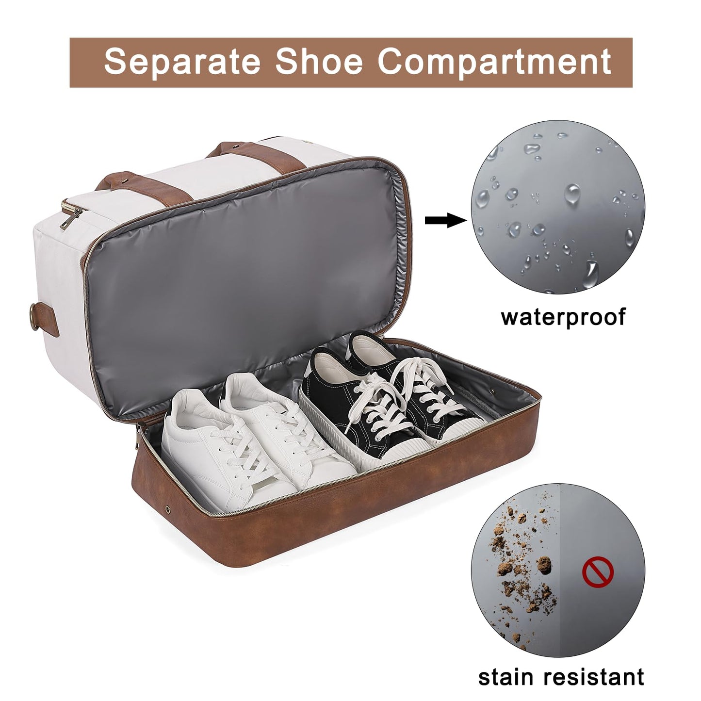 CLUCI Duffle Bag Weekender Bags for Women Canvas Anti Theft Travel Bag for Women Overnight Tote Carry On Bags with Shoe Compartment White with Brown