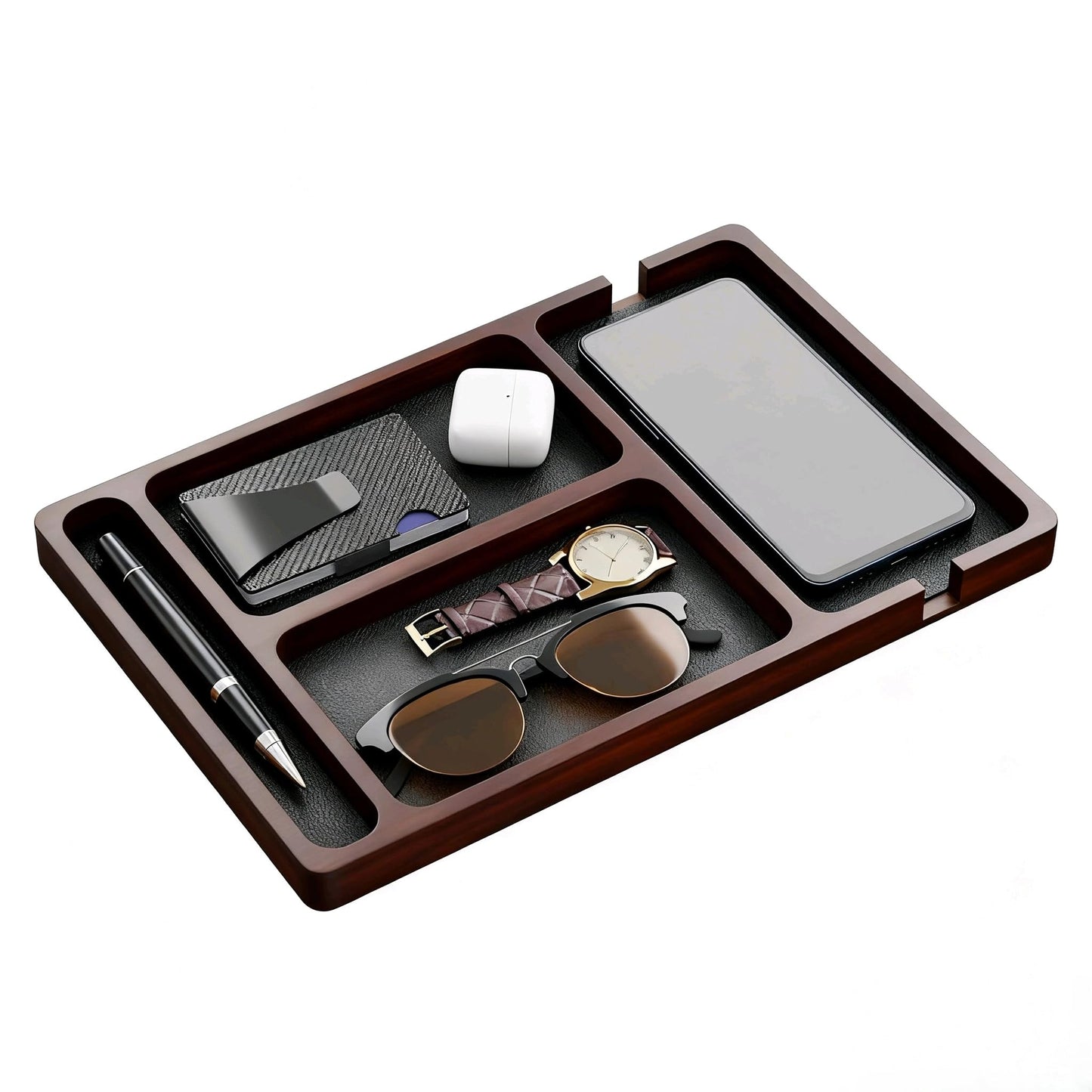 Wooden Valet Tray with Leather Inlay, Office Desk Organizer Tray, Nightstand Storage Tray, Multi-Purpose EDC Jewelry Storage Tray for Keys, Wallet, Watch, Phone & Earbuds (wood)