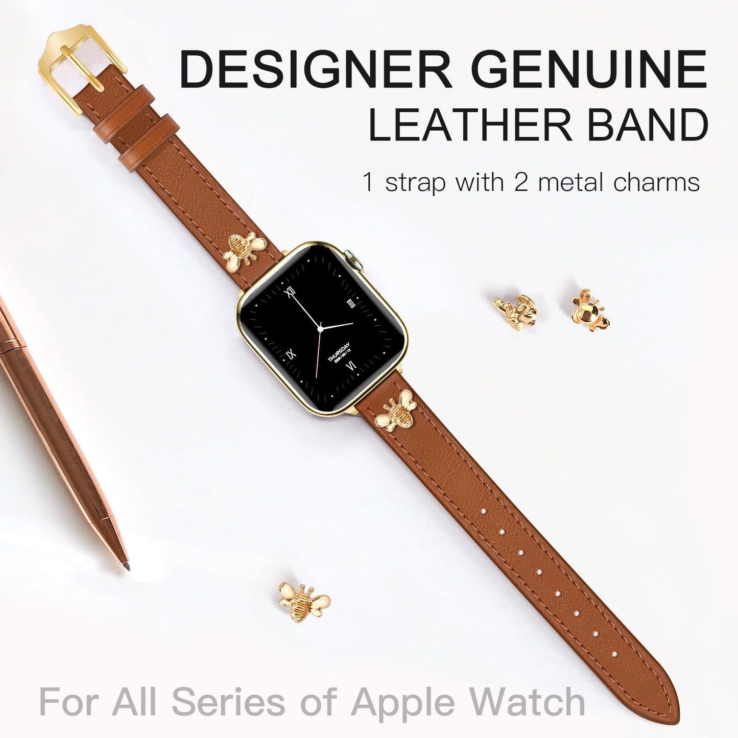 JR.DM Slim Leather Bands Compatible with Apple Watch Band 38mm 40mm 41mm 42mm 44mm 45mm 46mm 49mm, Genuine Leather Band with Charms, Feminine Design for Iwatch Ultra SE Series 11 10 9 8 7 6 5 4 3 2 1