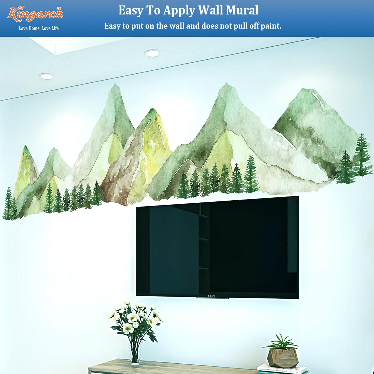 Large Mountain Wall Decals, Green Pine Tree Peel and Stick Vinyl Wall Stickers & Murals, Removable Home Room Wall Decor for Bedroom Living Room Bedroom Classroom Office Nursery