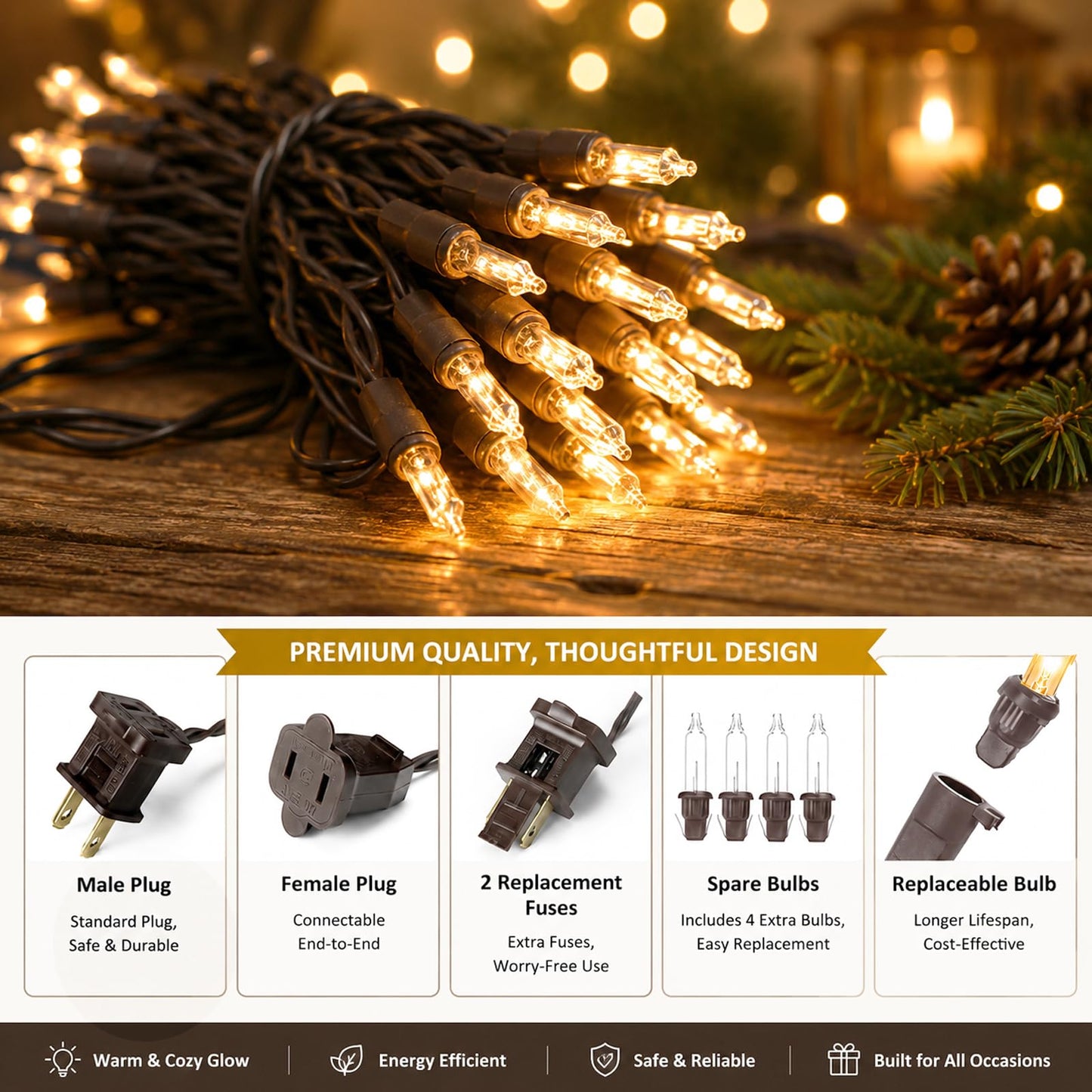 Afirst Brown String Lights, 21ft 100 Count Mini String Light on Brown Wire Cord UL Approved, Connectable Outdoor String Lights for Xmas Patio Home Party Garden Decor
