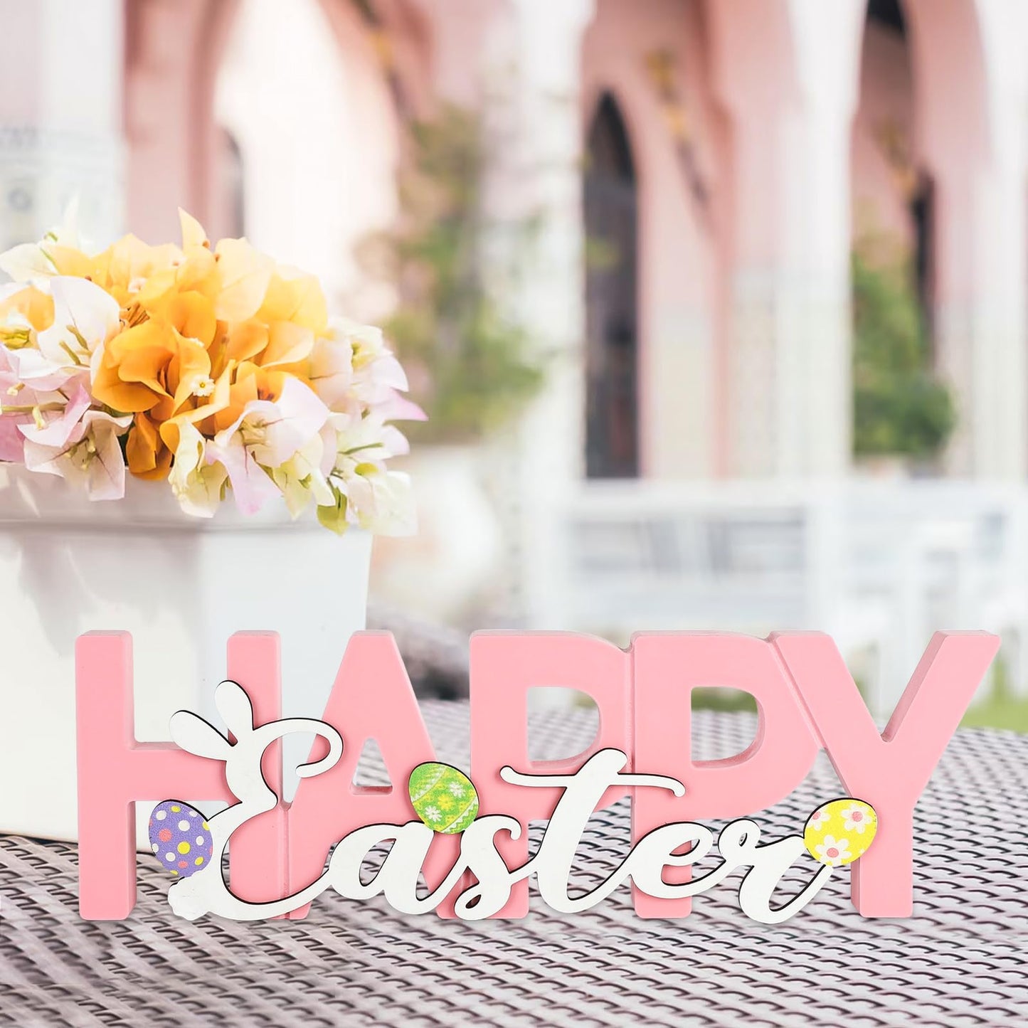 COCHIE Wooden Happy Easter Sign, Spring Decorations for Home, Office, Shelf, Mantel, Indoor, Wood Bunny Ear Egg Decor, Pink Spring Table Top Party Supplies Decoration (Easter)