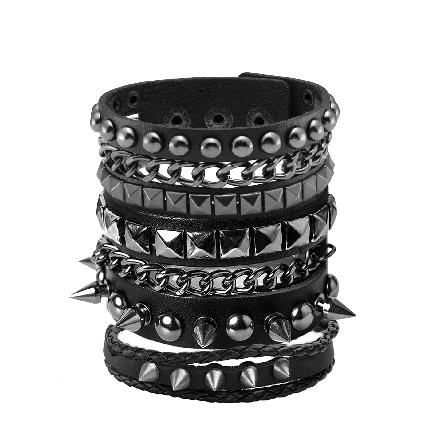 Eigso 3 Pcs Oldschool Cool Punk Steampunk Studded Spikes Rivets Vintage Leather Wide Bracelets for Men and Women with Adjustable Buckle