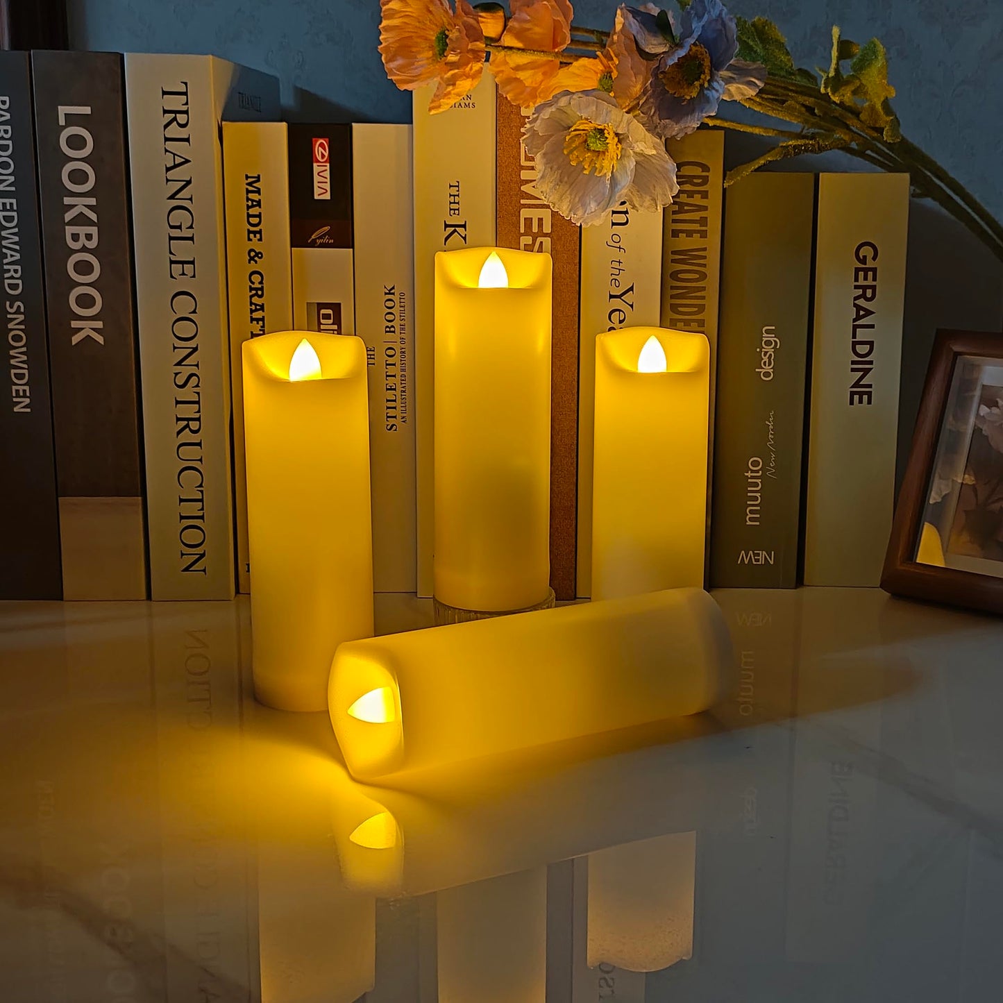 iZAN 4 Pack Flameless Battery Operated LED Pillar Candles with Remote Outdoor Waterproof Flickering Decorative Lights for Halloween Christmas Home Kitchen Décor Wedding Party Event Decorations 2”x6”
