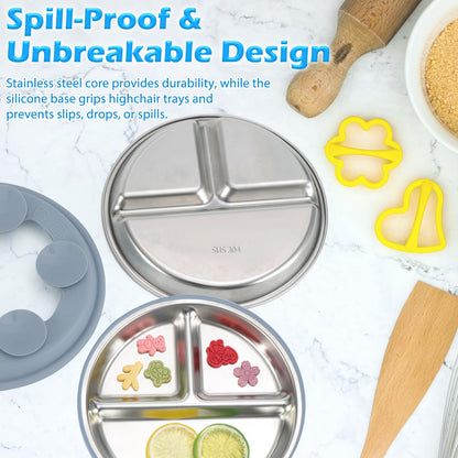Silicone Feeding Set,Stainless Steel Suction Plate,Baby Utensil Set.Include a Spoon,a Fork, a Plate,a Stainless Steel Kids Bowl.