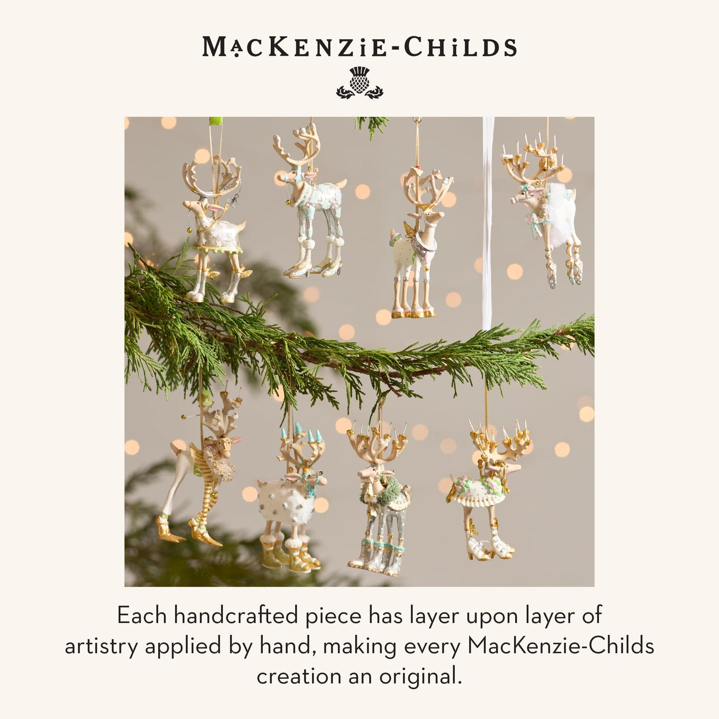 MACKENZIE-CHILDS Patience Brewster Mini Ornaments Set, Mini Christmas Ornaments, Moonbeam Reindeer